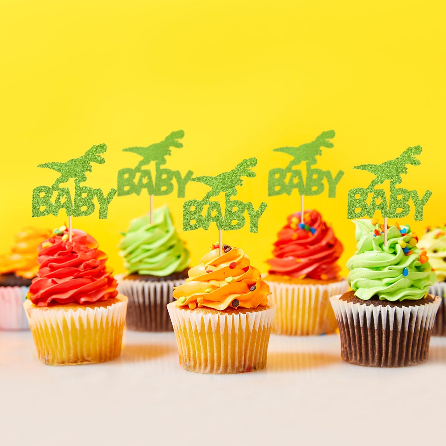 Ercadio 24 Pack Dinosaur Baby Cupcake Toppers Green Glitter Dinosaur Baby Cupcake Picks Little Dino Baby Cupcake Picks For Dinos
