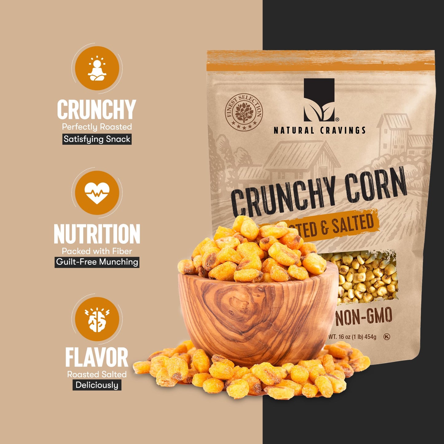Natural Craving Salted and Roasted Corn Nuts - Original Toasted Corn Kernels in Resealable Bag - Crunchy Snack (Natural Cravings