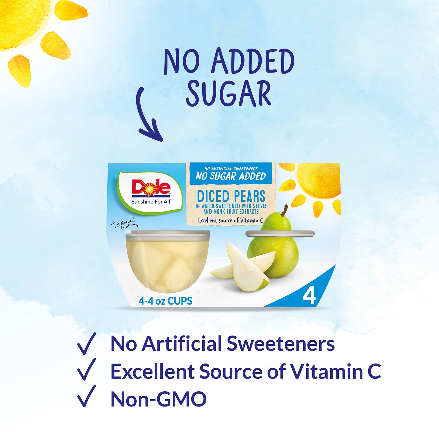 Dole Fruit Bowls No Sugar Added Snacks, Diced Pears 4oz 24 Cups, Gluten & Dairy Free, Bulk Lunch Snacks for Kids & Adults