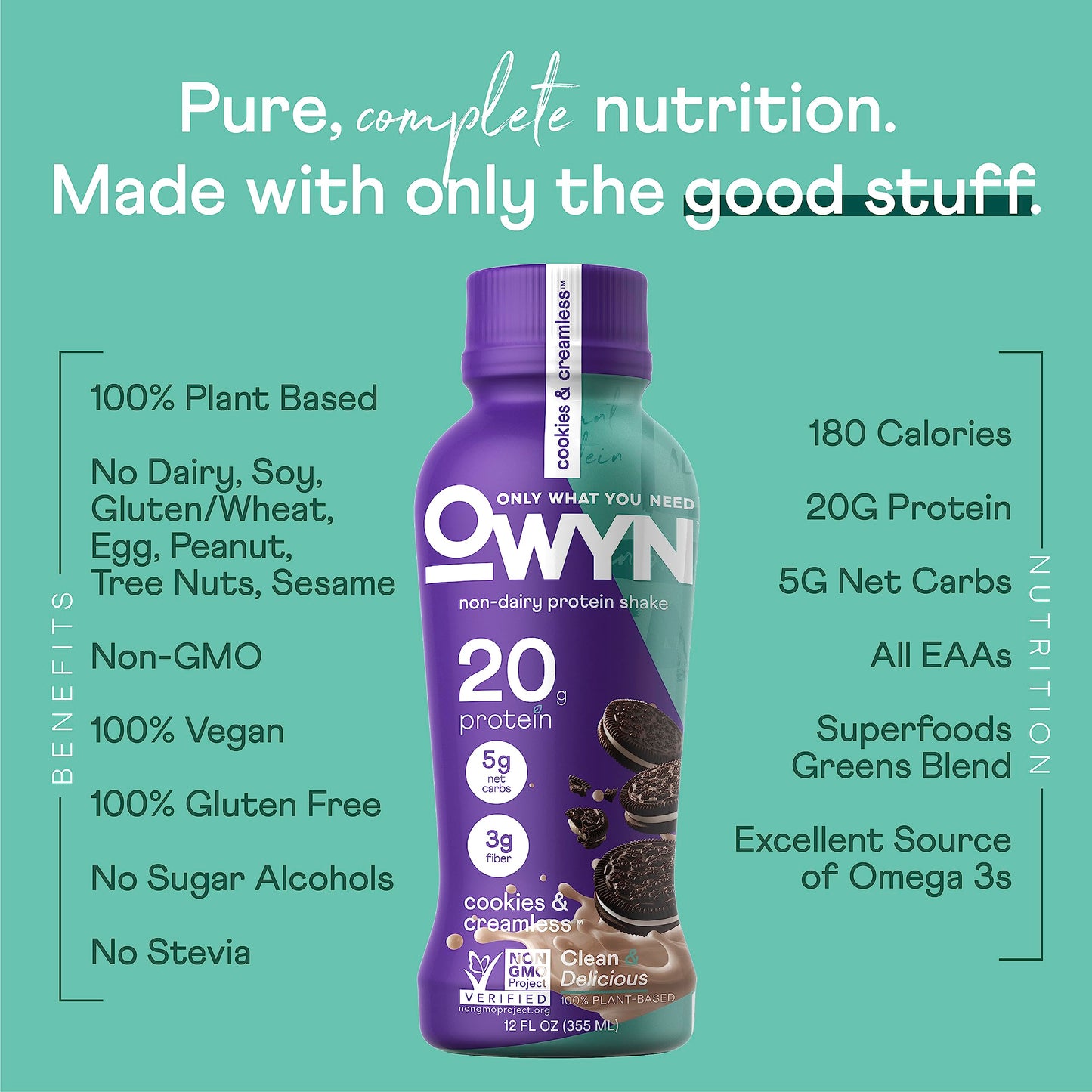 OWYN Plant Based Protein Shake, 20g Vegan Protein, Prebiotic dietary product, 12 Fl Oz (Pack of 12), Gluten & Soy-Free, Variety Pack