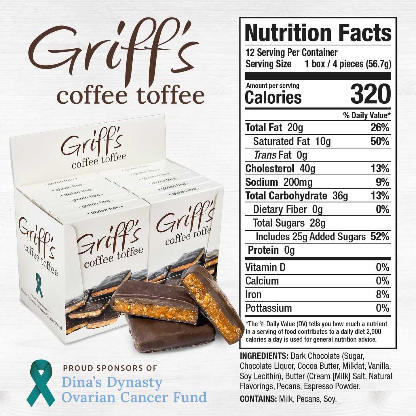 Griffs Coffee Toffee Dark Chocolate Covered Toffee Squares, Gluten Free, 2 Oz Pack of 12