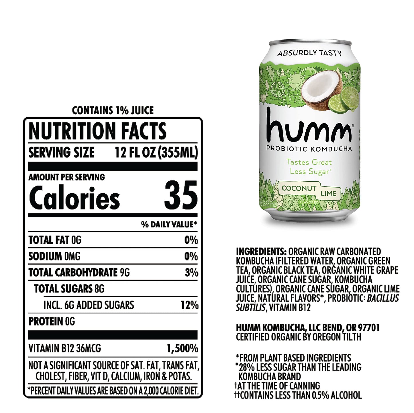Humm Kombucha Coconut Lime - Organic, Vegan & Gmo-Free (12 Pack)