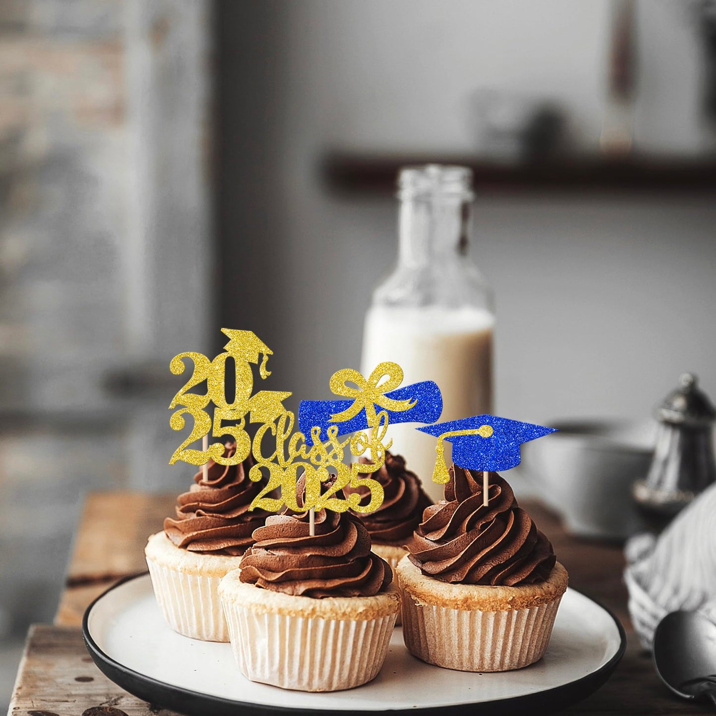 YCTHUNFISH 24 Pack Cupcake Toppers Graduation Theme Gold Blue Glitter 2025 Diploma Grad Cap Decorations