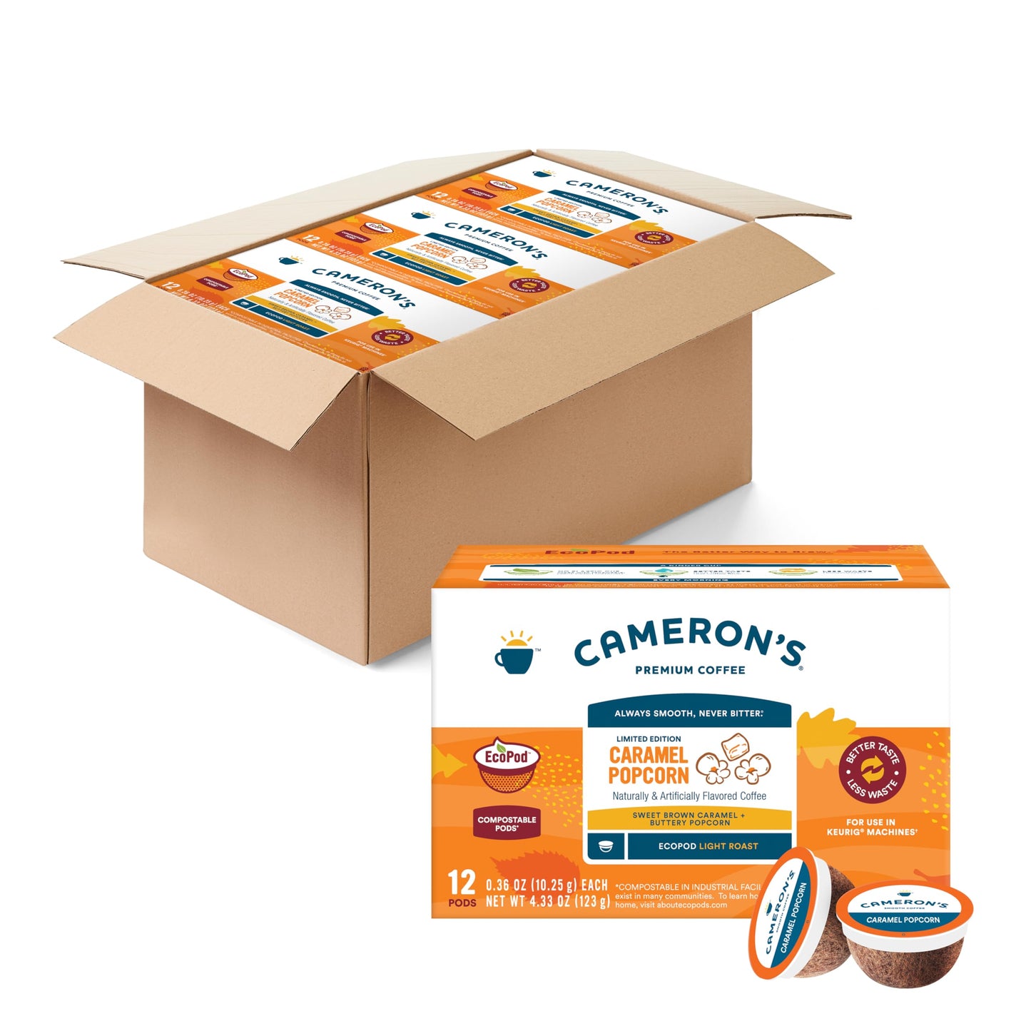 Camerons Coffee Single Serve Pods  Caramel Popcorn  Smooth Flavored Coffee  Sustainable  Small-batch Roasted  12 Count (Pack of 6)
