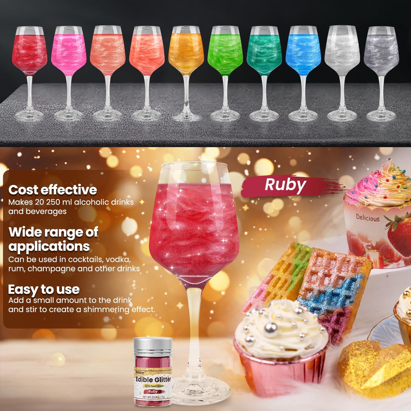Ruby Red Shimmer Edible Glitter For Drinks, Cocktails, 7G, Food Grade, Edible Glitter For Cocktails, Drink Glitter, Cupcake