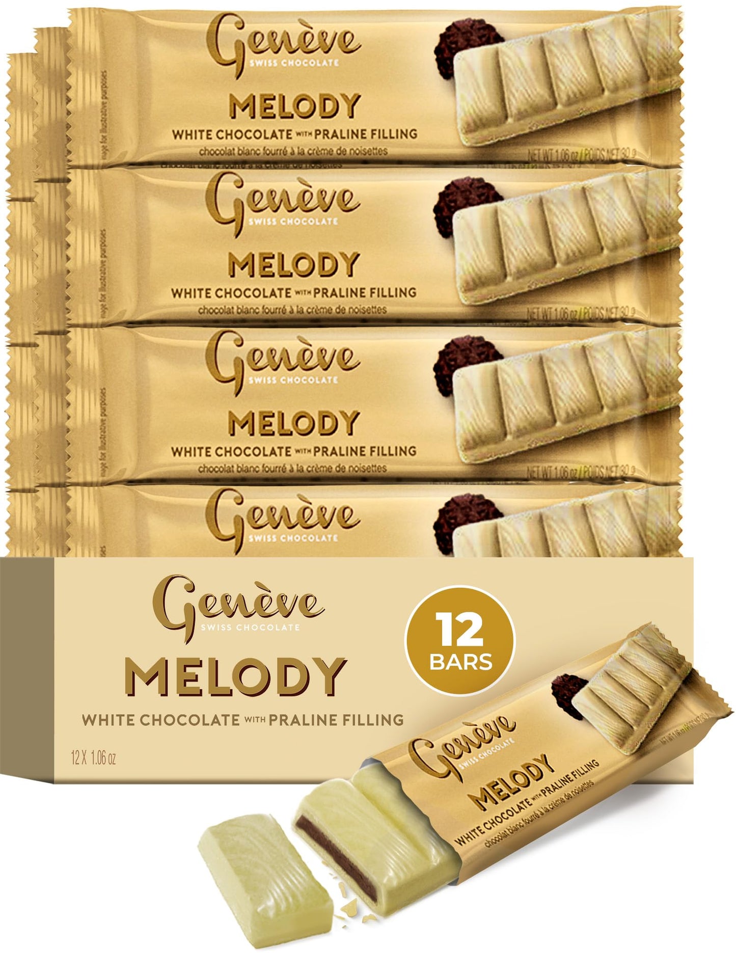 Genve Swiss White Chocolate Bars with Praline Filling, 1 oz (12 Pack) | Geneve Melody Individually Wrapped Chocolate | Made with