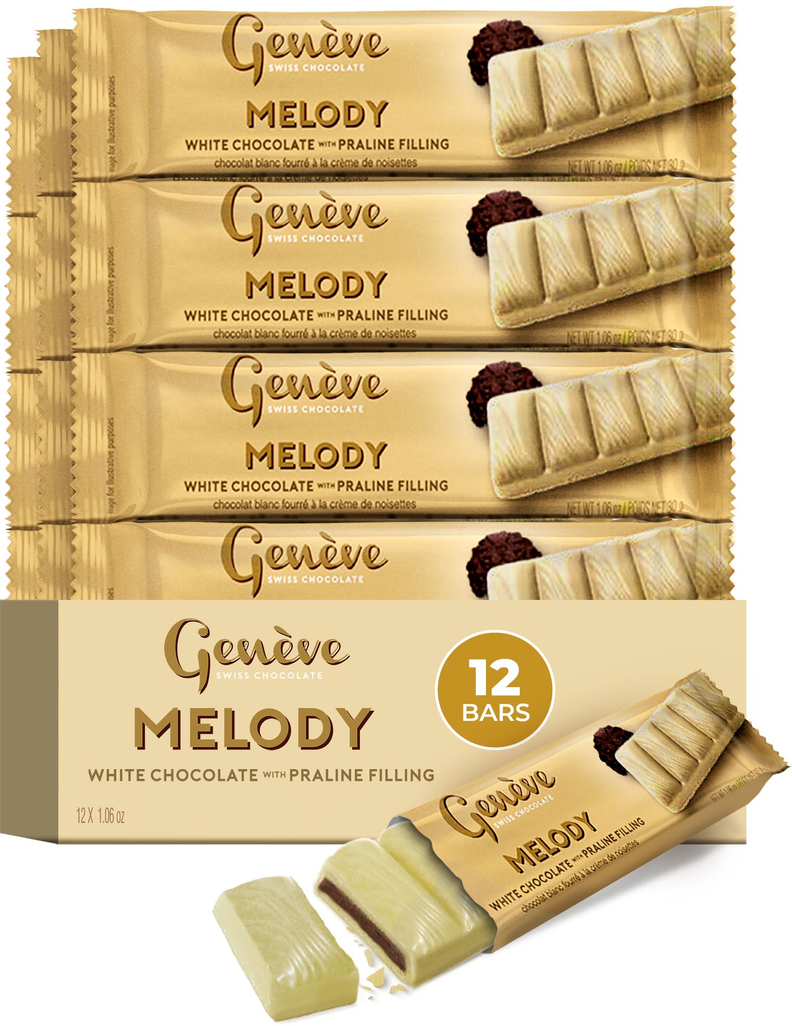 Genve Swiss White Chocolate Bars with Praline Filling, 1 oz (12 Pack) | Geneve Melody Individually Wrapped Chocolate | Made with