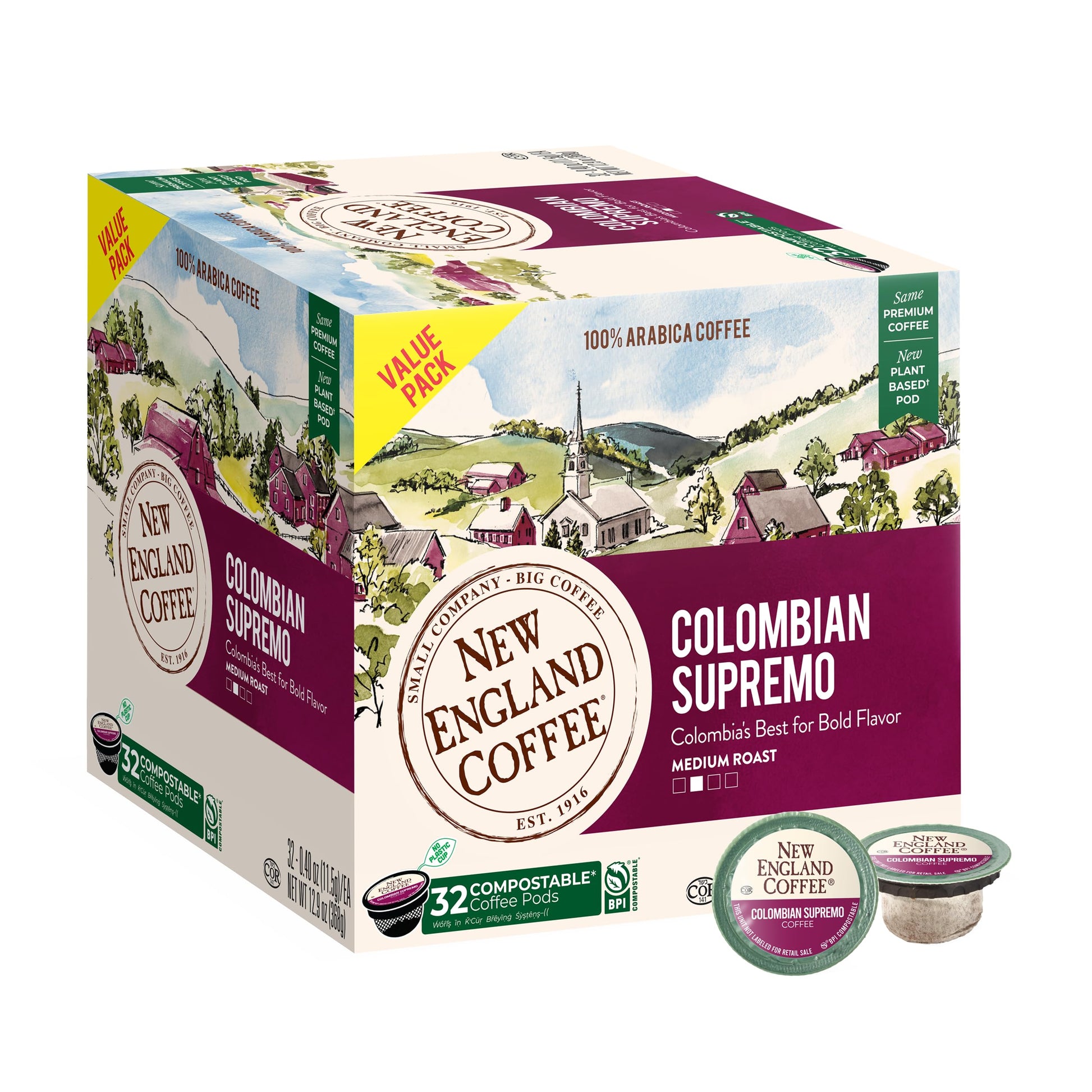 New England Coffee Colombian Supremo Medium Roast Single Serve Pods, 32 Count