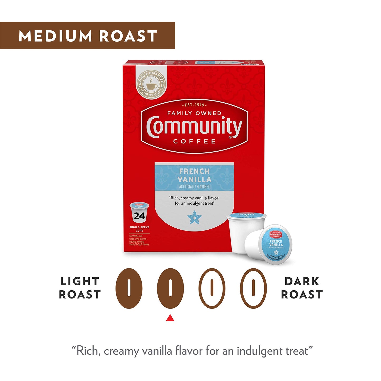 Community Coffee French Vanilla Coffee Pods, Medium Roast, 24 Count, Compatible with Keurig 2.0