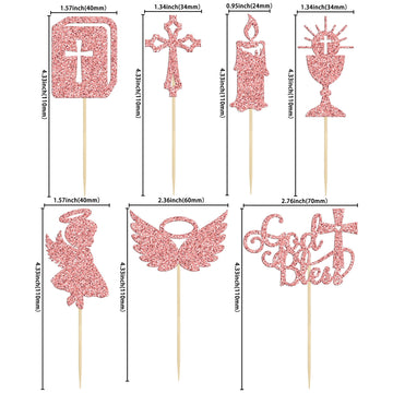 Gyufise 28Pcs God Bless Cupcake Toppers Rose Gold Glitter Girls Baptism Cupcake Toppers Angel Chalice Bible Cross Cake Decoratio