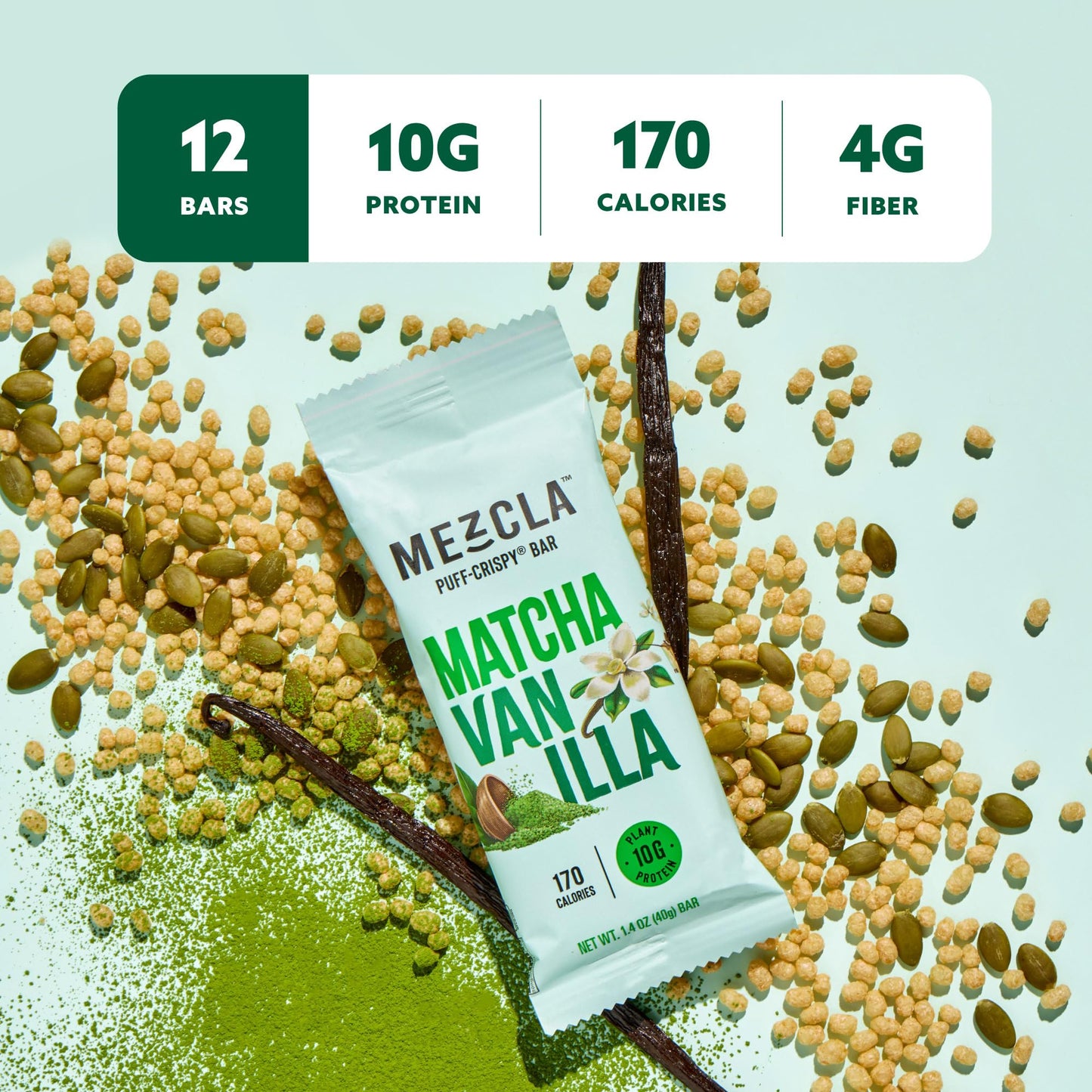 Mezcla Puff Crispy Protein Bars  Gluten Free & Vegan Protein Bars  10g Protein  Alt for Crispy Rice Treat  Granola Bars & Breakfast Bars  Healthy Snacks for mature-themeds (4 Count (Pack of 1)  Matcha Vanilla)