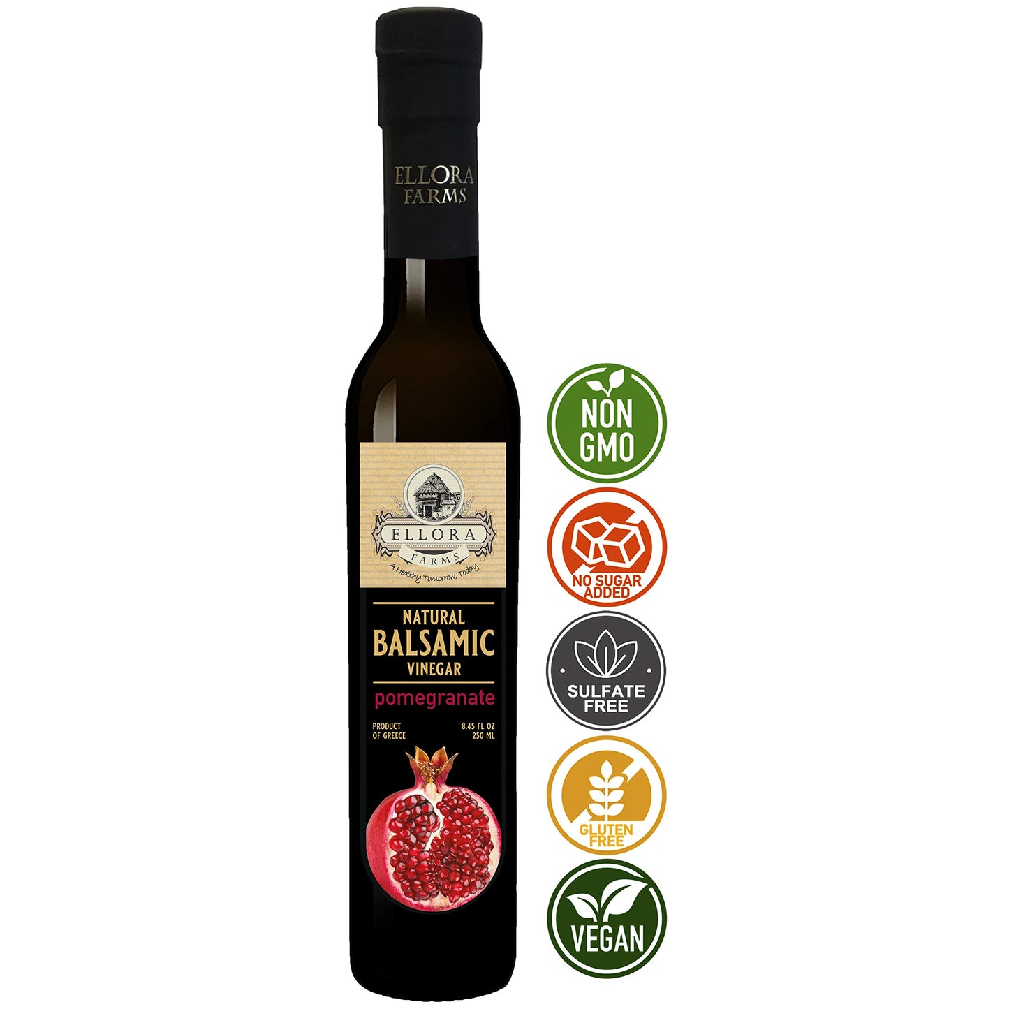Ellora Farms Pomegranate Infused Balsamic Vinegar, No Added Sugar, 8.45 oz, Glass Bottle, Pack of 1