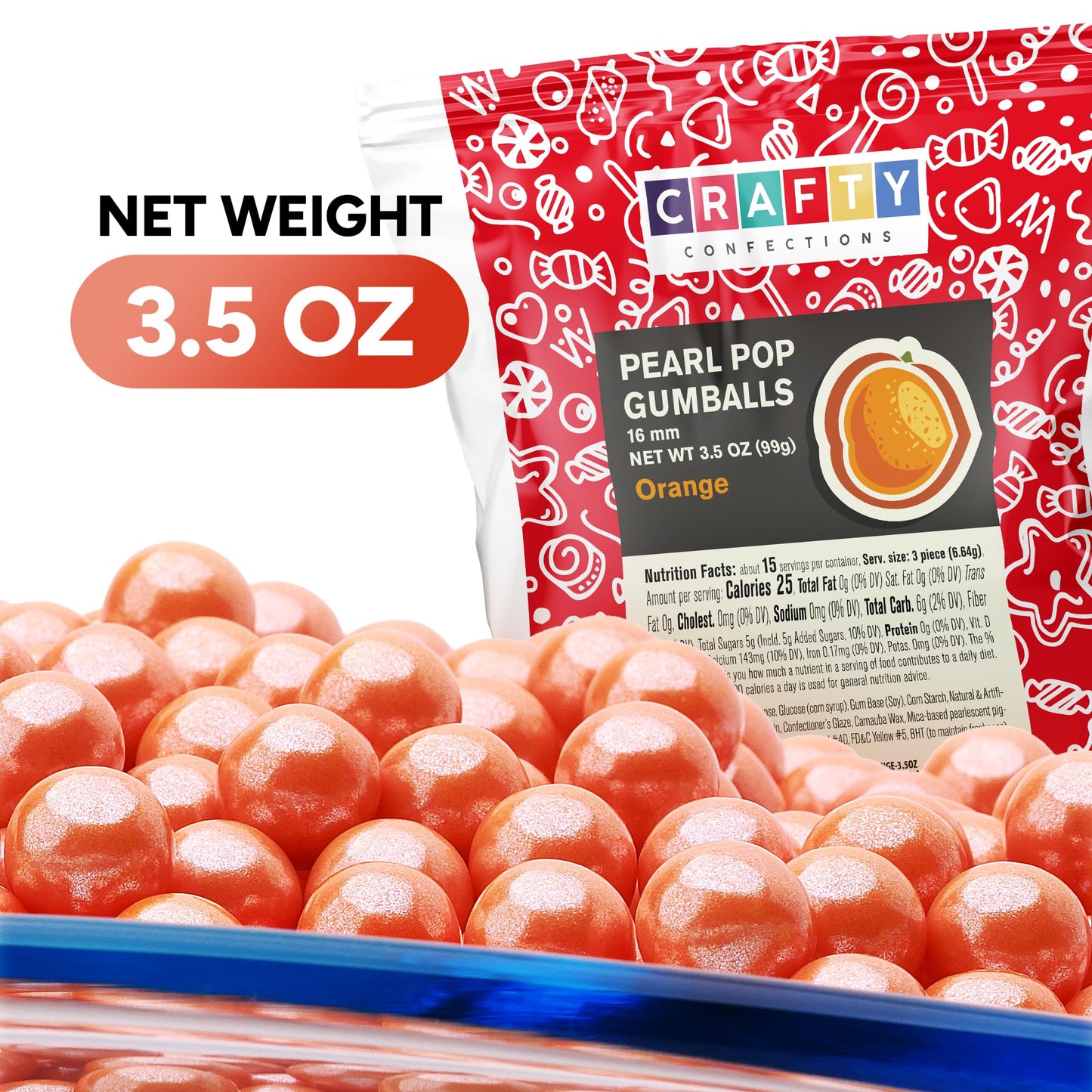 Crafty Confections Shimmer Gumballs - Orange Bubble Gum 3.5 oz - Party Favors & Sweet  , 16mm, Shimmer Powder Orange