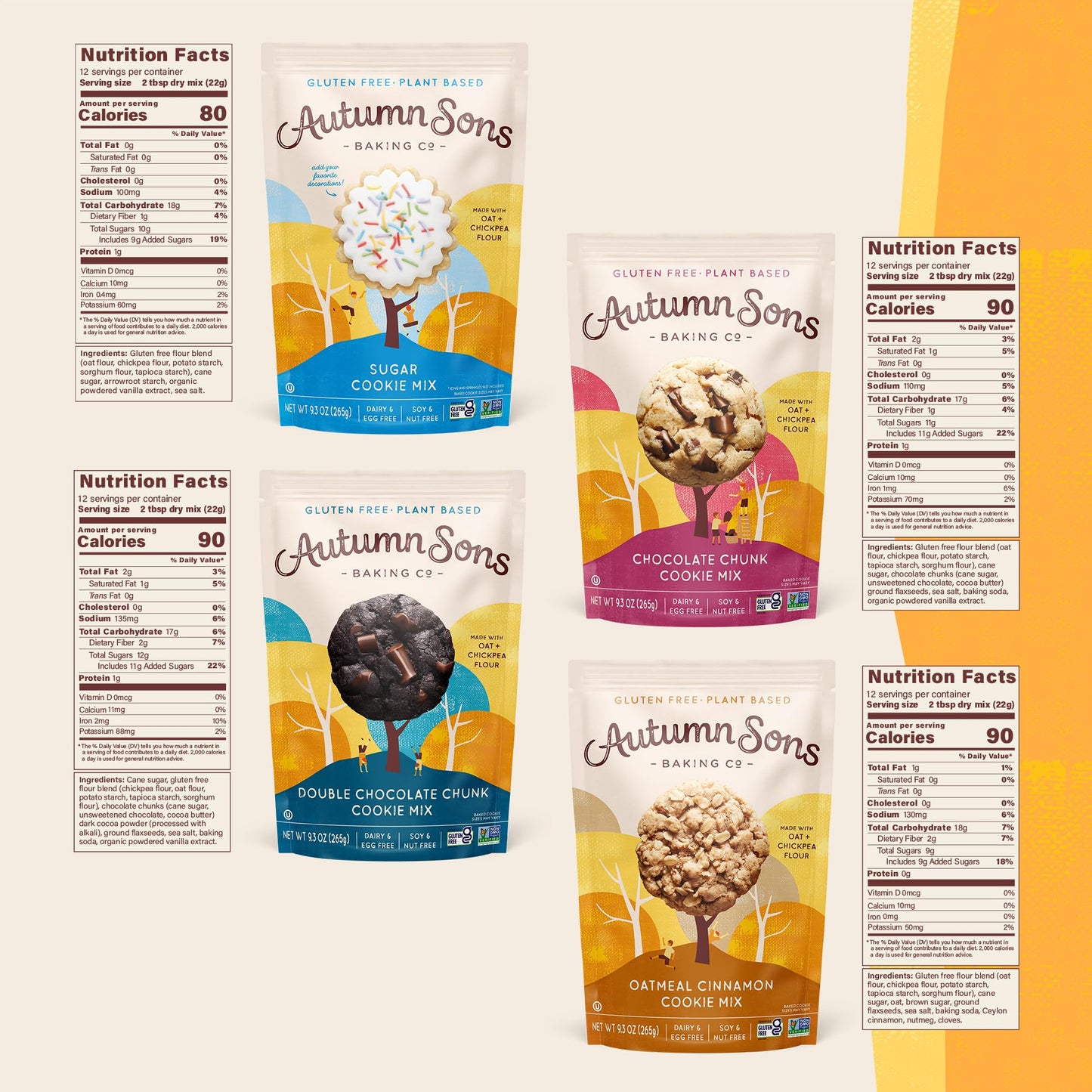 Autumn Sons Baking Co. Gluten Free Cookie Mix Variety Pack. Sugar Cookie, Chocolate Chunk, Double Chocolate Chunk & Oatmeal Cinn