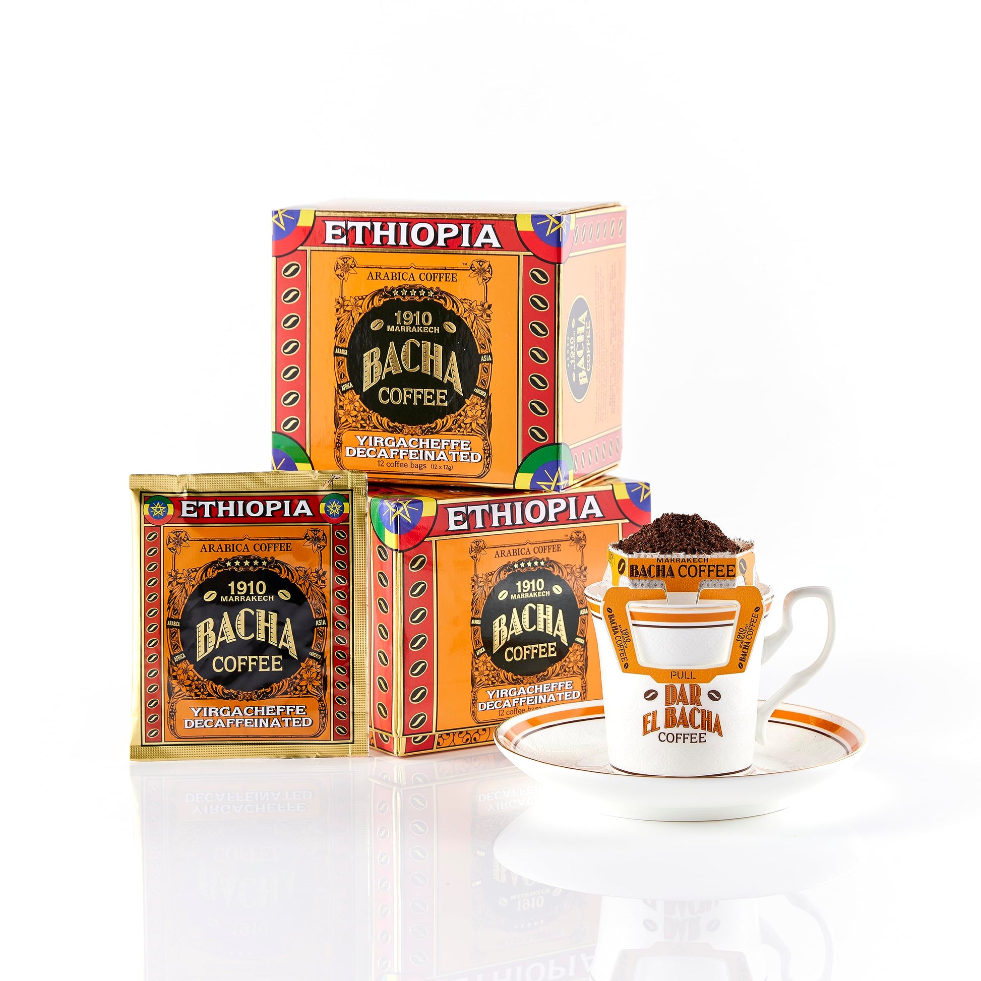 Bacha Coffee | Yirgacheffe Decaffeinated Ethiopia Single Origin, 100% Arabica Beans, Medium Dark Roast, x12 Individually Wrapped