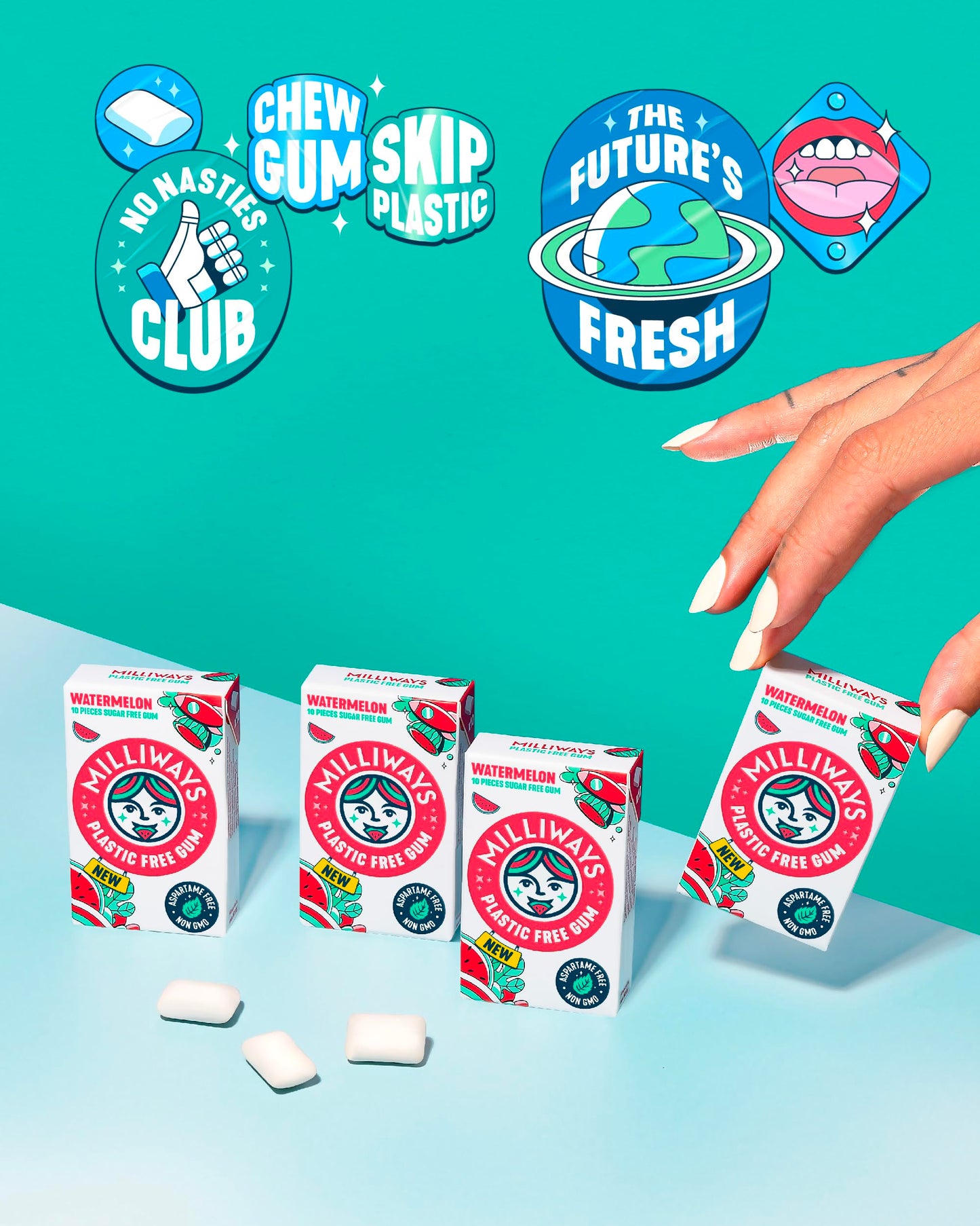 Milliways Watermelon | Plastic Free Gum | Xylitol, Aspartame-Free, Sugar-Free, Plant-Based, Natural Chewing Gum | 40 Pieces Tota