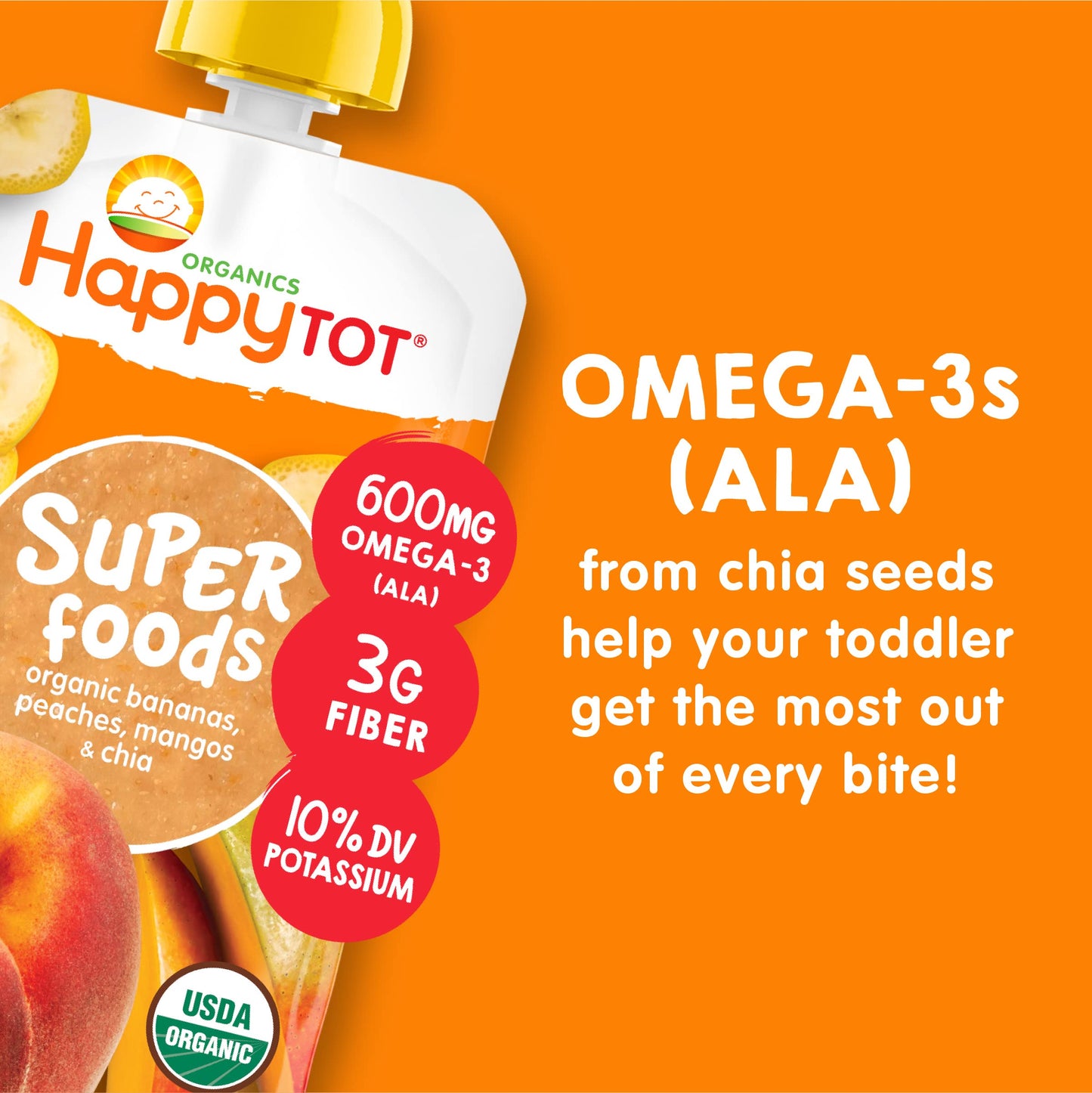 Happy Tot Superfoods Stage 4 Organic Toddler Food Banana Peach Mango Stage, Toddler Snack Pouch, Fruit And Veggie Puree, With Om