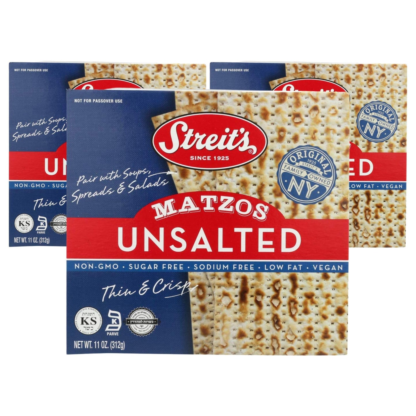 Streits Unsalted Matzo - Thin & Crispy, Non-GMO, Sodium Free, Low Fat, Vegan, Family Owned, Kosher Certified, Pair with Soups, 