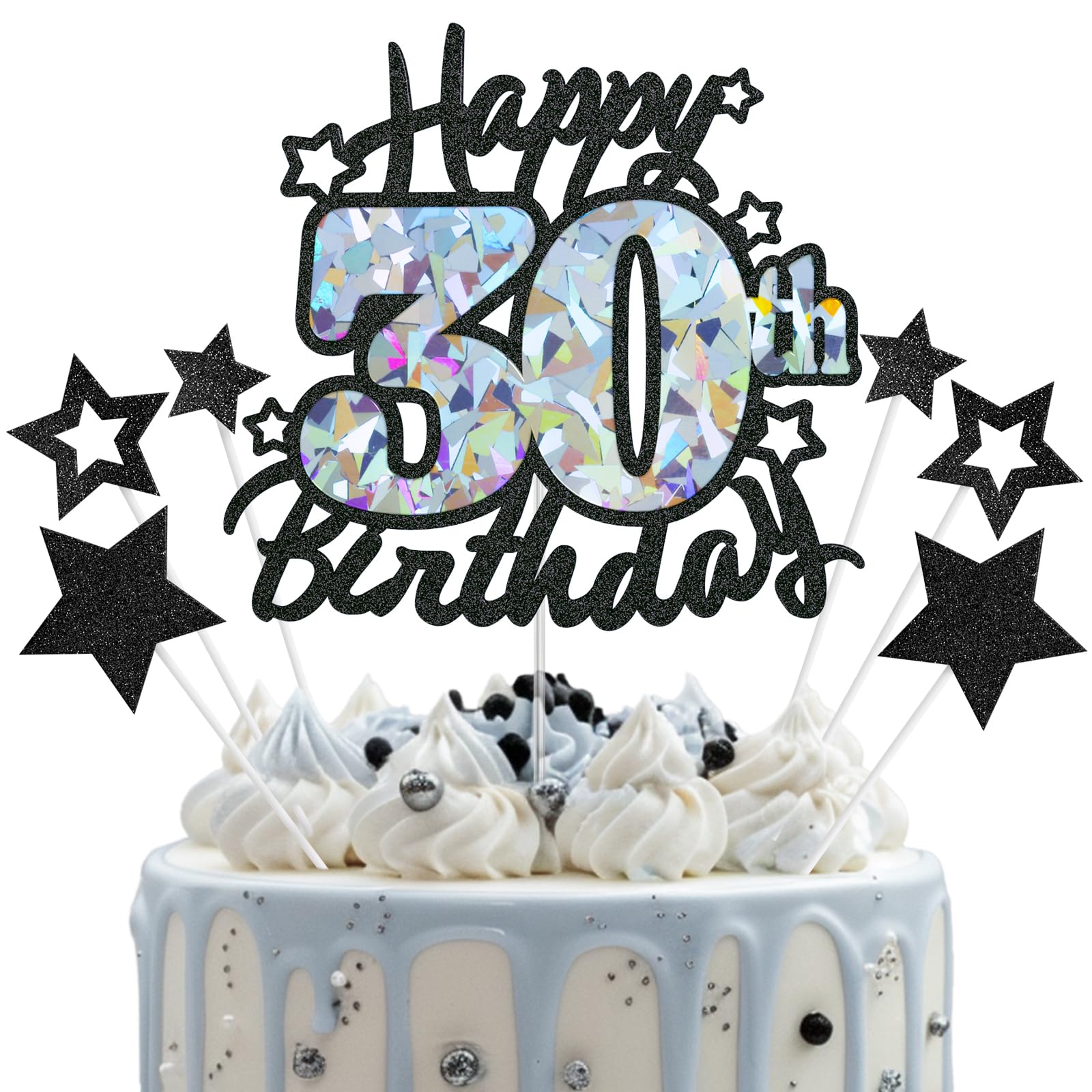 Happy 30th Birthday Cake Topper, Black Glitter and Gem Patterns Card Stock Cake Toppers, 30 Year Birthday Party Cake Decoration