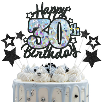 Happy 30th Birthday Cake Topper, Black Glitter and Gem Patterns Card Stock Cake Toppers, 30 Year Birthday Party Cake Decoration