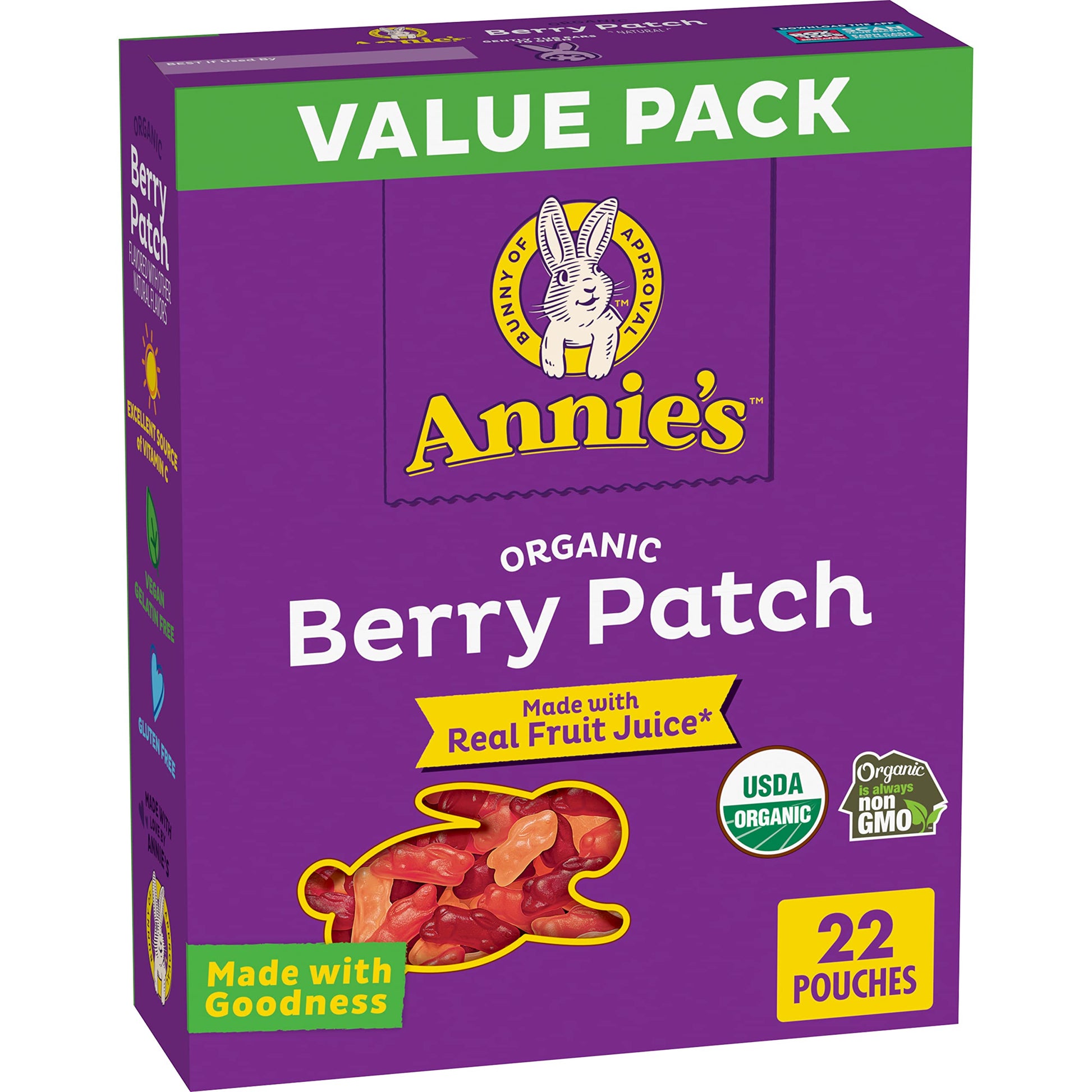 Annie'S Organic Berry Patch Bunny Fruit Flavored Snacks, Gluten Free, Value Pack, Halloween Candy Alternative, 22 Pouches, 15.4