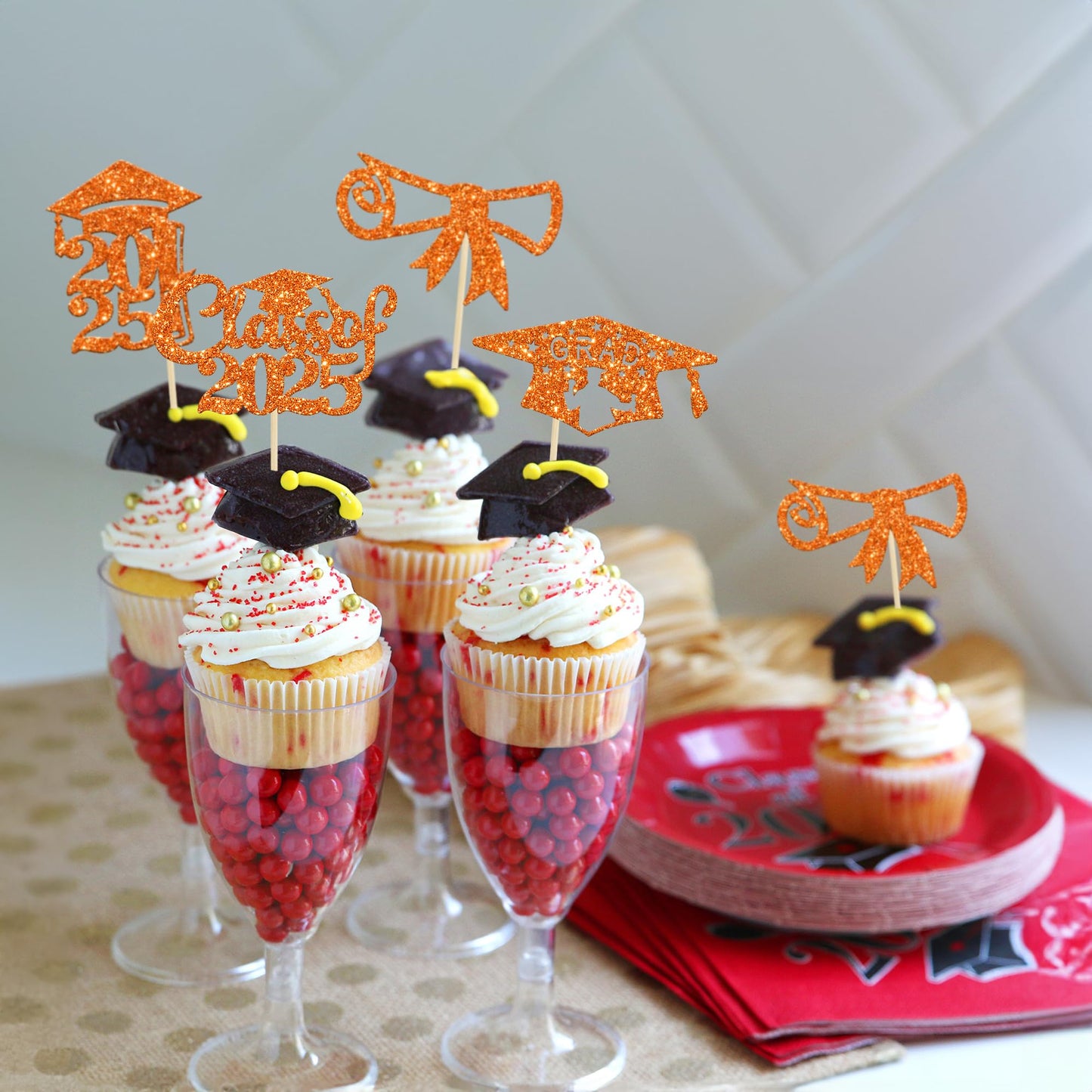 Gyufise 24Pcs 2025 Graduation Cupcake Toppers Orange Glitter Congrats Class Of 2025 Diploma Grad Cap Cupcake Picks Decoratiosn For 2025 Graduation Theme Party Supplies