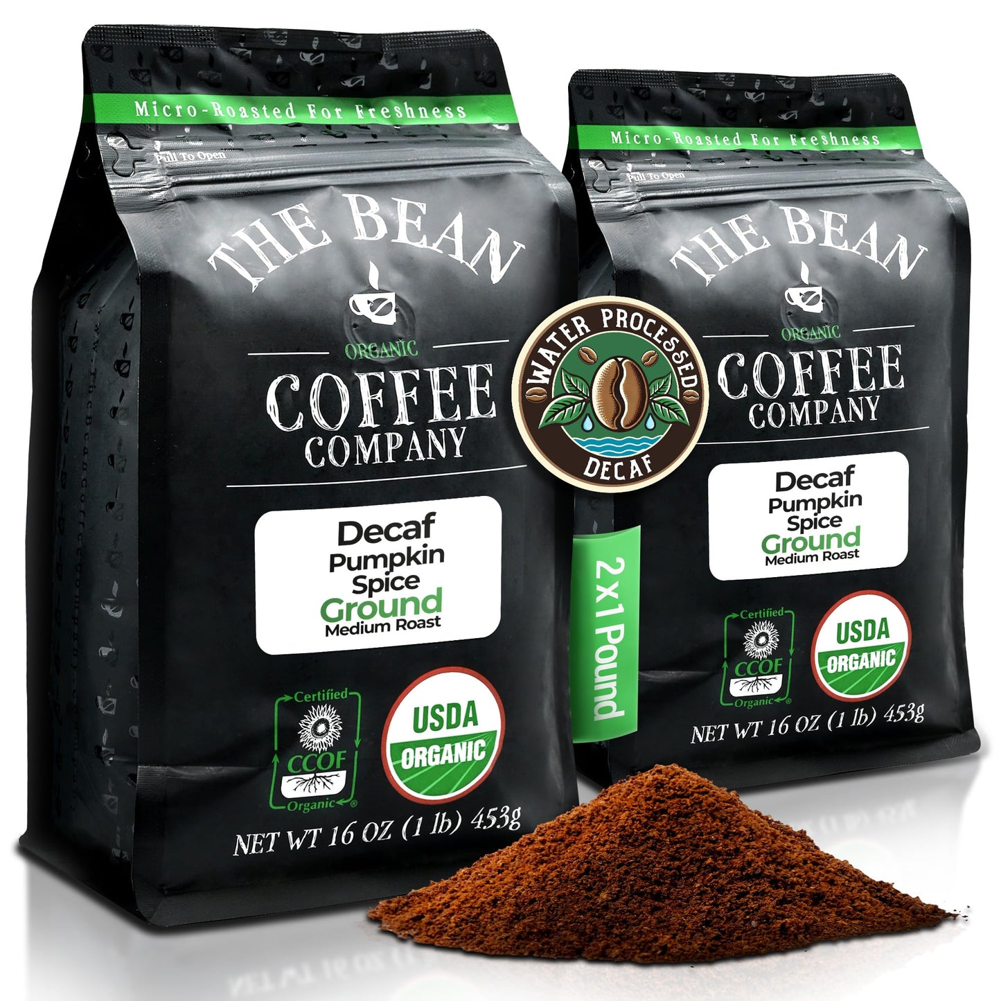The Bean Organic Coffee Company Water Processed Decaf Pumpkin Spice, Medium Roast, Ground Coffee, 16-Ounce Bag, Café Molido Tostado Orgánico Descafeinado