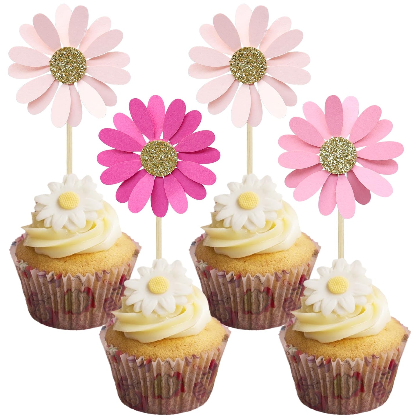 Ephlyn 24Pcs Daisy Cupcake Toppers Flower Cake Decorations 4.3cm x 12cm Rose Red Pink Paper