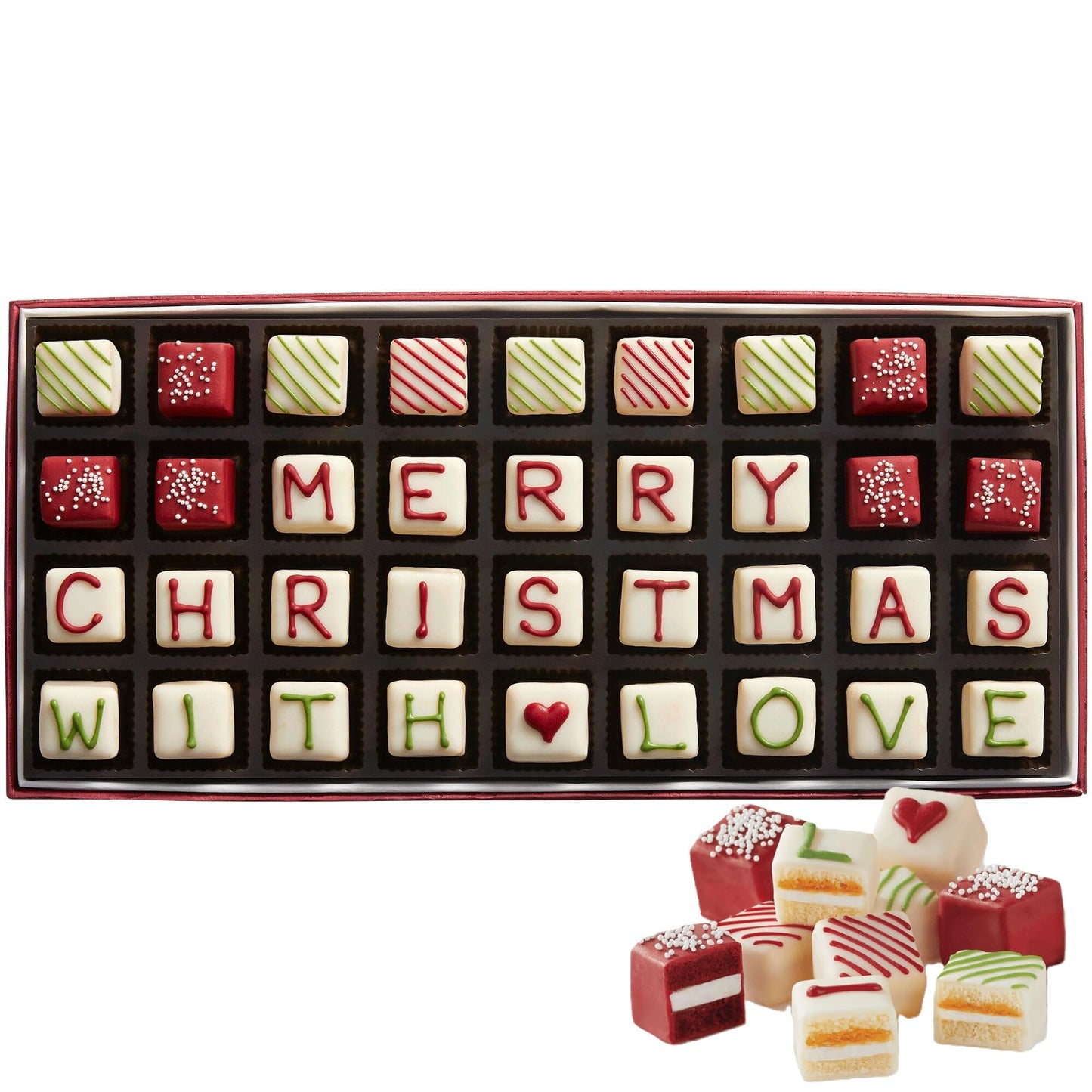 The Swiss Colony Merry Christmas With Love Petits Fours Cakes - Gourmet Cake Assortment With Red Velvet, And Vanilla Layer Cakes - Holiday Dessert Gift - (Pack Of 36)