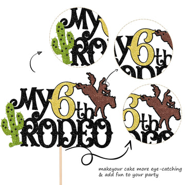 1 Pcs My 6Th Rodeo Cake Topper Brown Glitter Cactus Six Birthday Cake Pick Decoration For Western Little Cowboy Theme Baby Showe