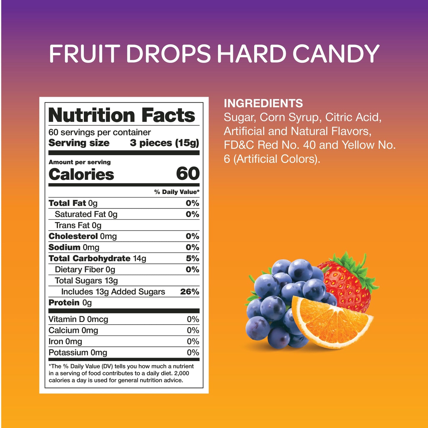 Assorted Fruit Drops Hard Candy - 2 Pound Bulk Pack (About 180 Count) - Orange, Strawberry, Grape, Cherry