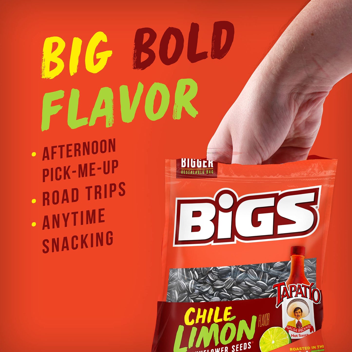 Bigs Tapatío Chile Limón Sunflower Seeds, Keto Friendly Snack, 5.35-Oz. Bag (Pack Of 12)