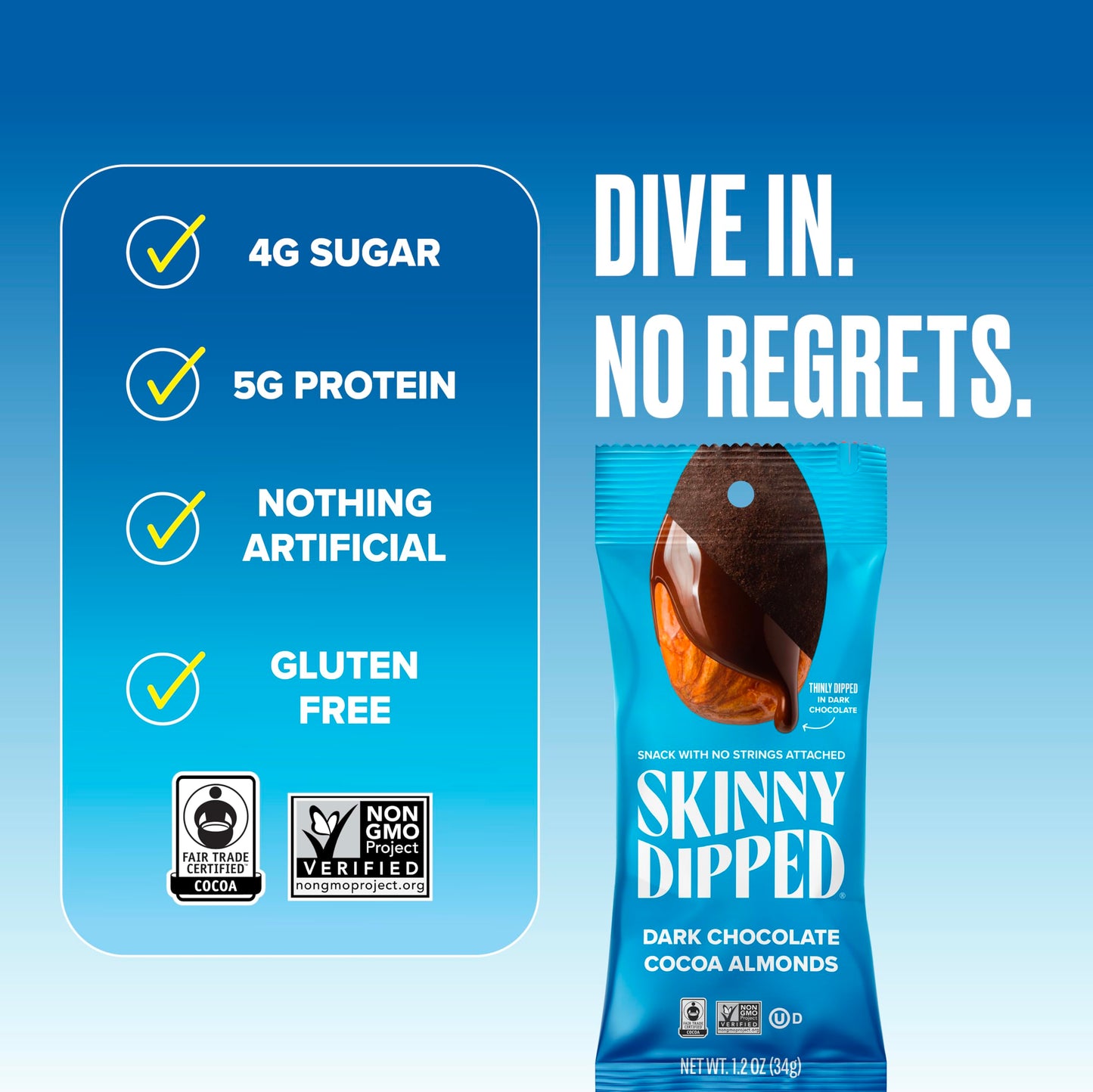 SkinnyDipped Dark Chocolate Cocoa Almonds, Chocolate Covered Almonds, Low Sugar, Gluten Free, Healthy Snack, 1.2 Ounce Bags (Pac