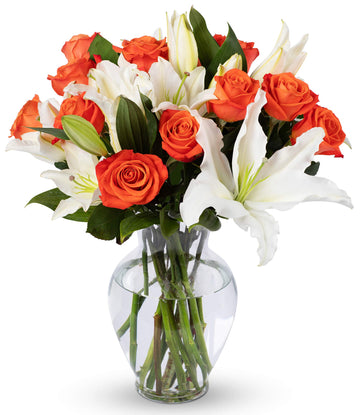 Benchmark Bouquets | Orange Rose And Lily Bouquet, Prime Delivery, Free Vase, Farm Direct Fresh Flowers, Gift For Anniversary, B