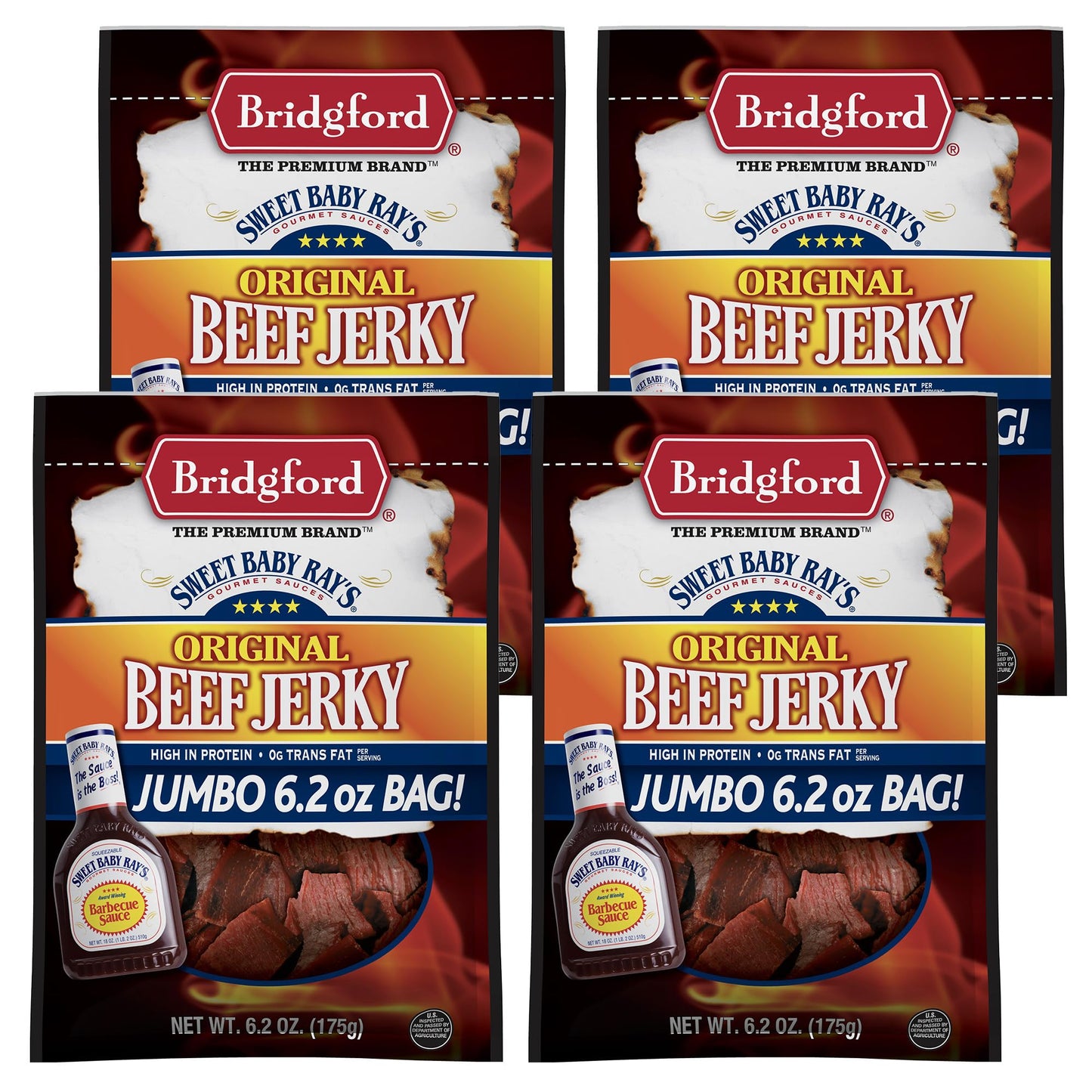Bridgford Sweet Baby Rays Beef Jerky Original 6.2 oz Pack of 4 - Healthy High Protein Beef Jerky for Your Dietary Preferences - 