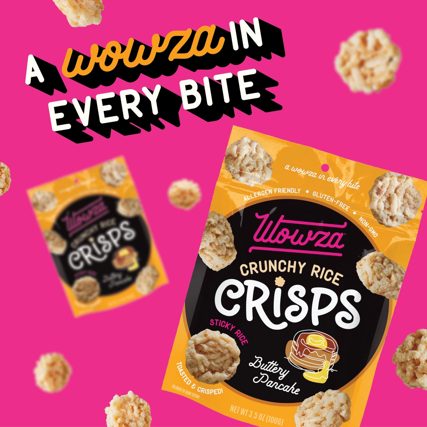 Wowza Buttery Pancake Rice Crisps, Healthy Sticky Rice Crunchy Rice Crisps, 3.5 oz bag (8 pack)
