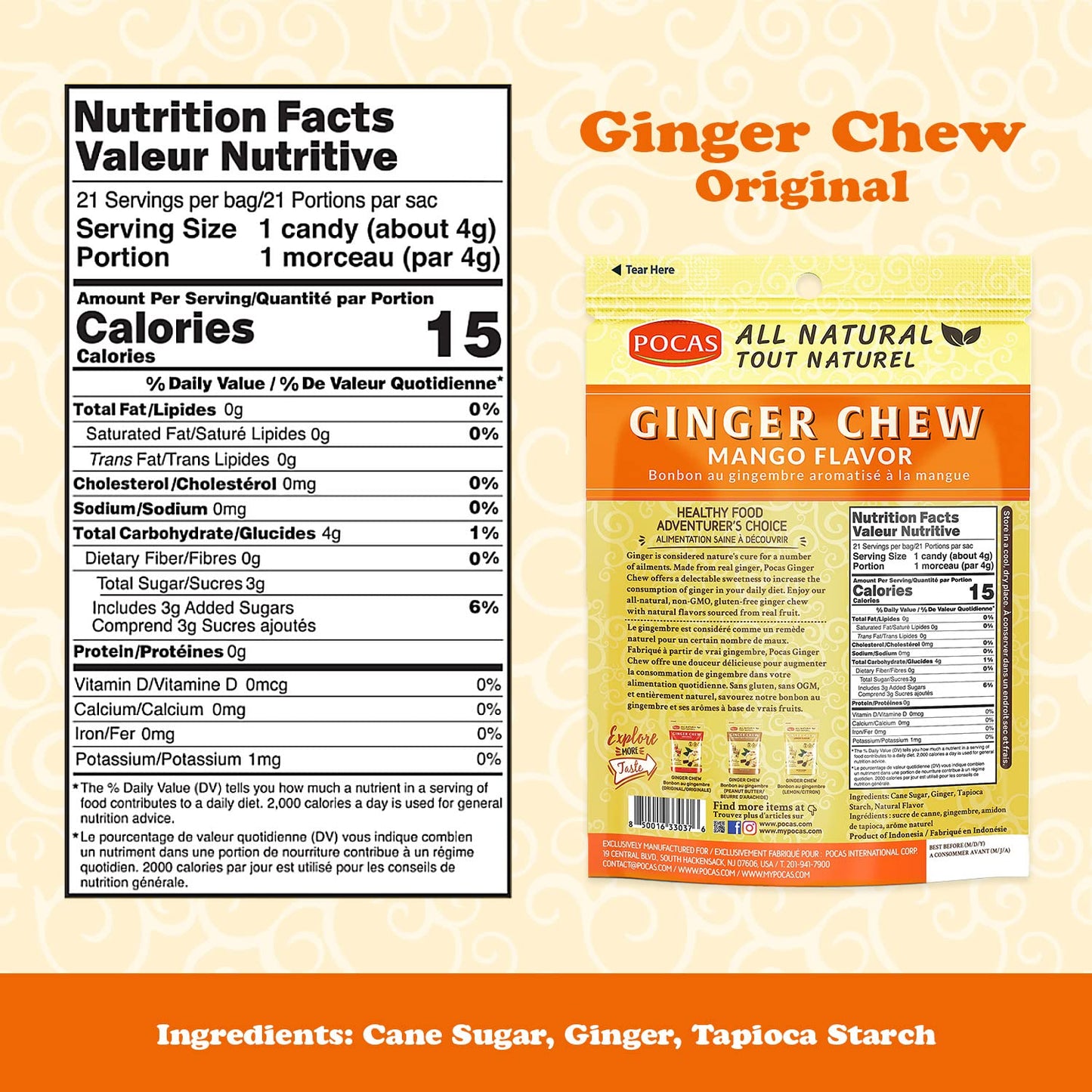 Pocas Mango Ginger Chews - Sweet and Zesty Ginger Chew, Individually Wrapped Low-Calorie Snacks, Ginger Candy Made with Pure Can
