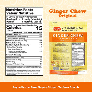 Pocas Mango Ginger Chews - Sweet and Zesty Ginger Chew, Individually Wrapped Low-Calorie Snacks, Ginger Candy Made with Pure Can