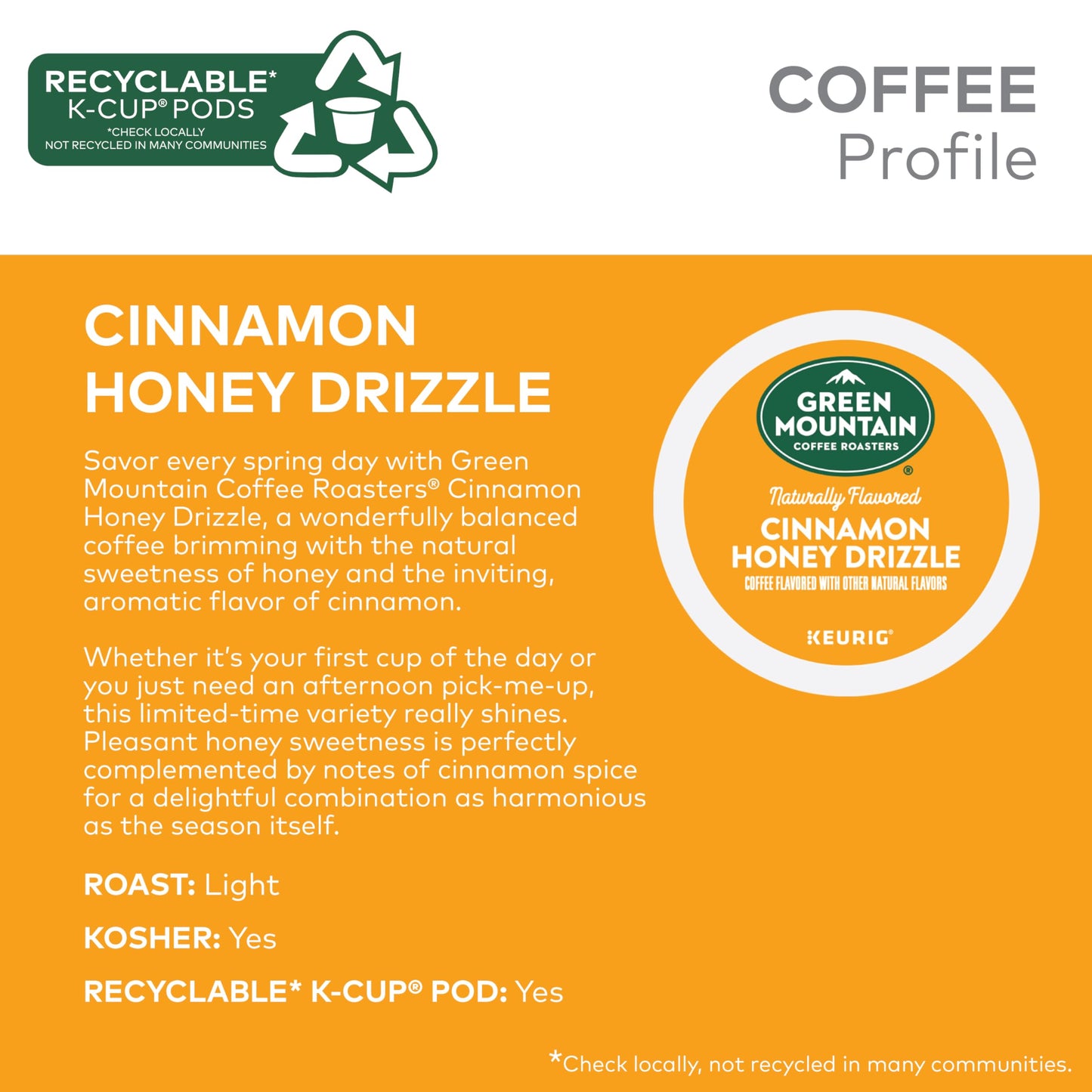 Green Mountain Coffee Roasters K-Cup Pods, Cinnamon Honey Drizzle, 60 Count (6 Boxes of 10)
