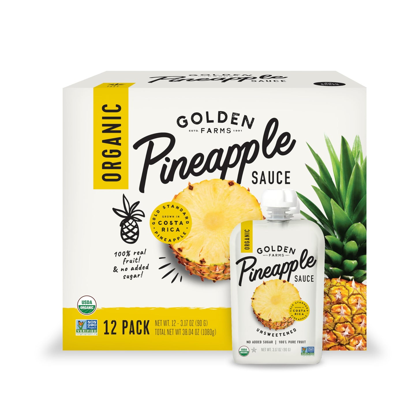 Golden Farms Pineapple Pouches, Single Ingredient Healthy Snacks (Pack Of 12), 100% Pure Fruit, No Added Sugar, Vegan, Gluten-Fr