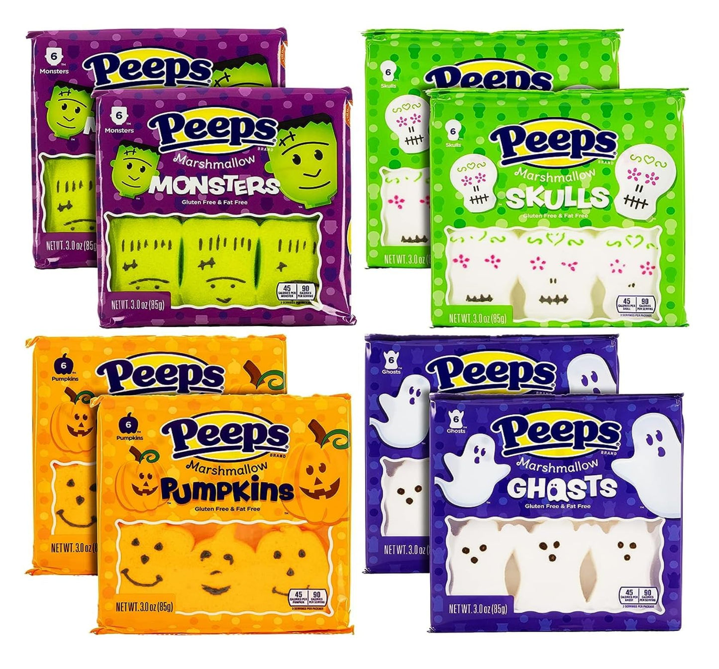 Peeps Marshmallows Variety of 8 Packs of Each Monsters Skulls  Ghosts and Pumpkins  48 Total Halloween Peeps Marshmallows Packaged By Kensington Valley Trading