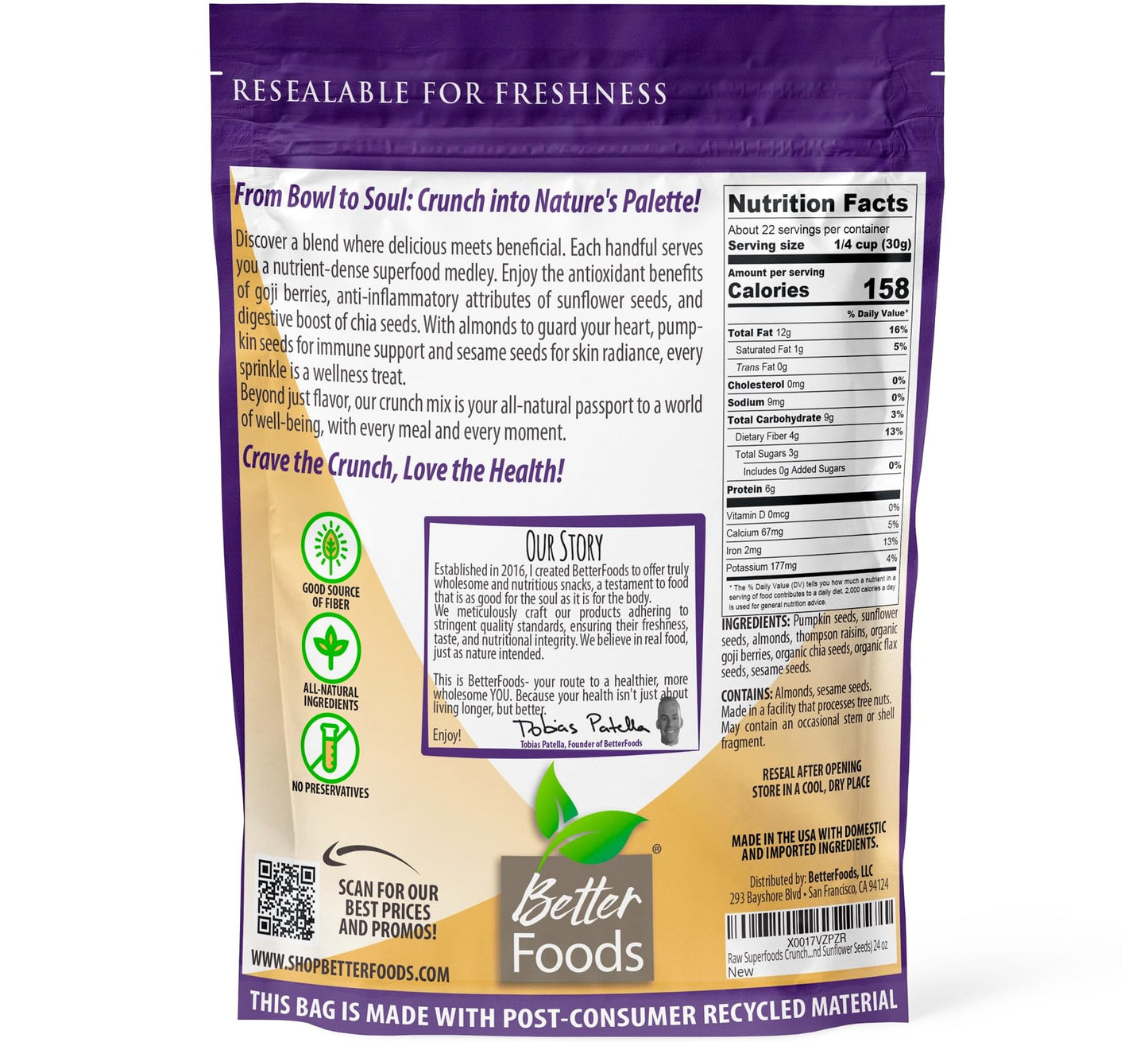 BetterFoods Raw Superfoods Crunch Mix | enhanced Pumpkin  Sunflower  Flax  Chia  Sesame Seeds  Almonds  Goji Berries & Raisins Blend | 6g Protein  Vegan  Non-GMO  No Gluten/Salt/Soy | 24oz  Pack of 6