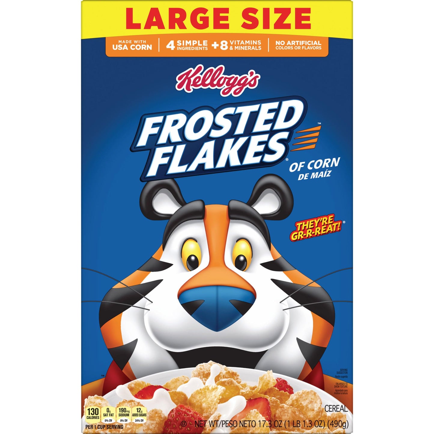 Frosted Flakes Breakfast Cereal, 8 Vitamins and Minerals, Kids Snacks, Large Size, Original, 17.3oz Box (1 Box)