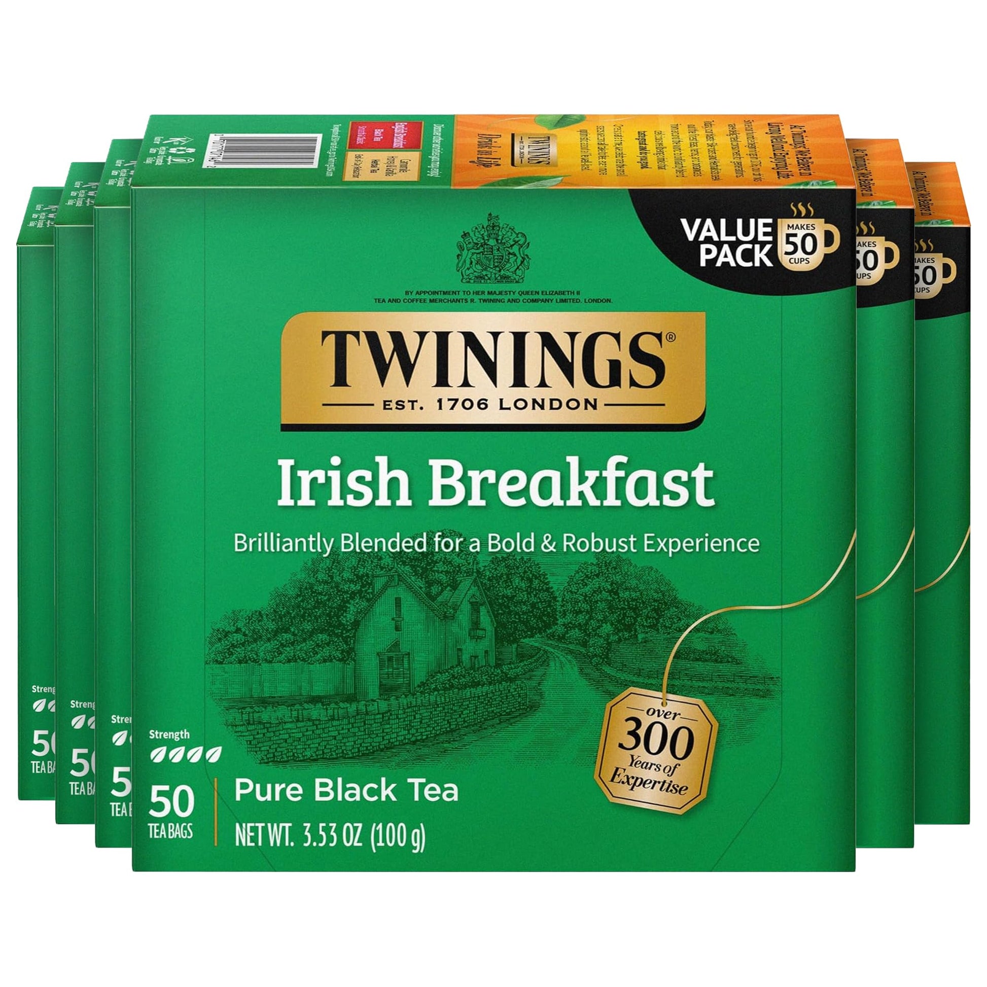 Twinings Irish Breakfast Black Tea Individually Wrapped Bags, 50 Count (Pack of 6), Flavourful, Bold, Robust, Caffeinated, Enjoy