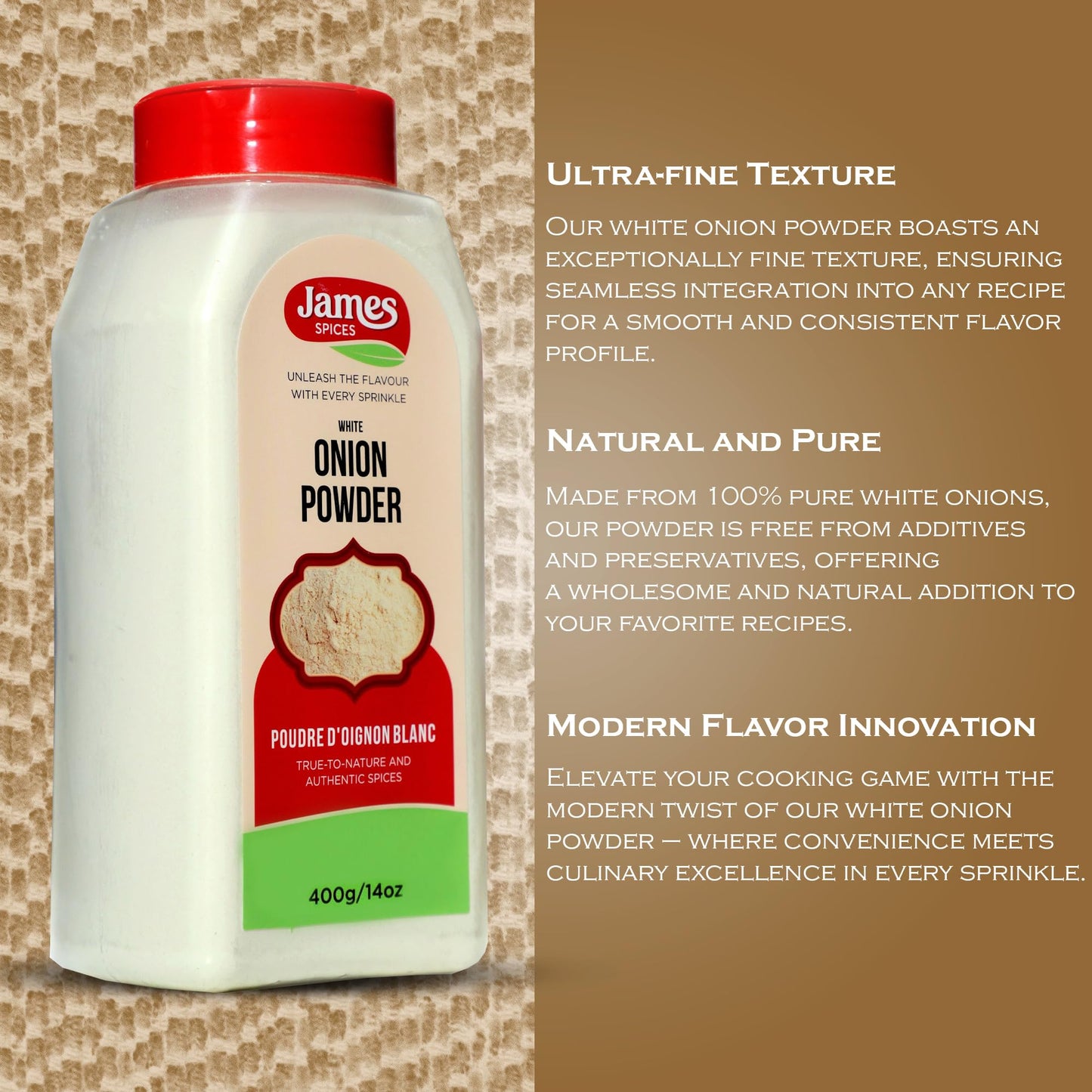 James Spices Inc. Dried White Onion Fine Powder - 400G (14 Oz)