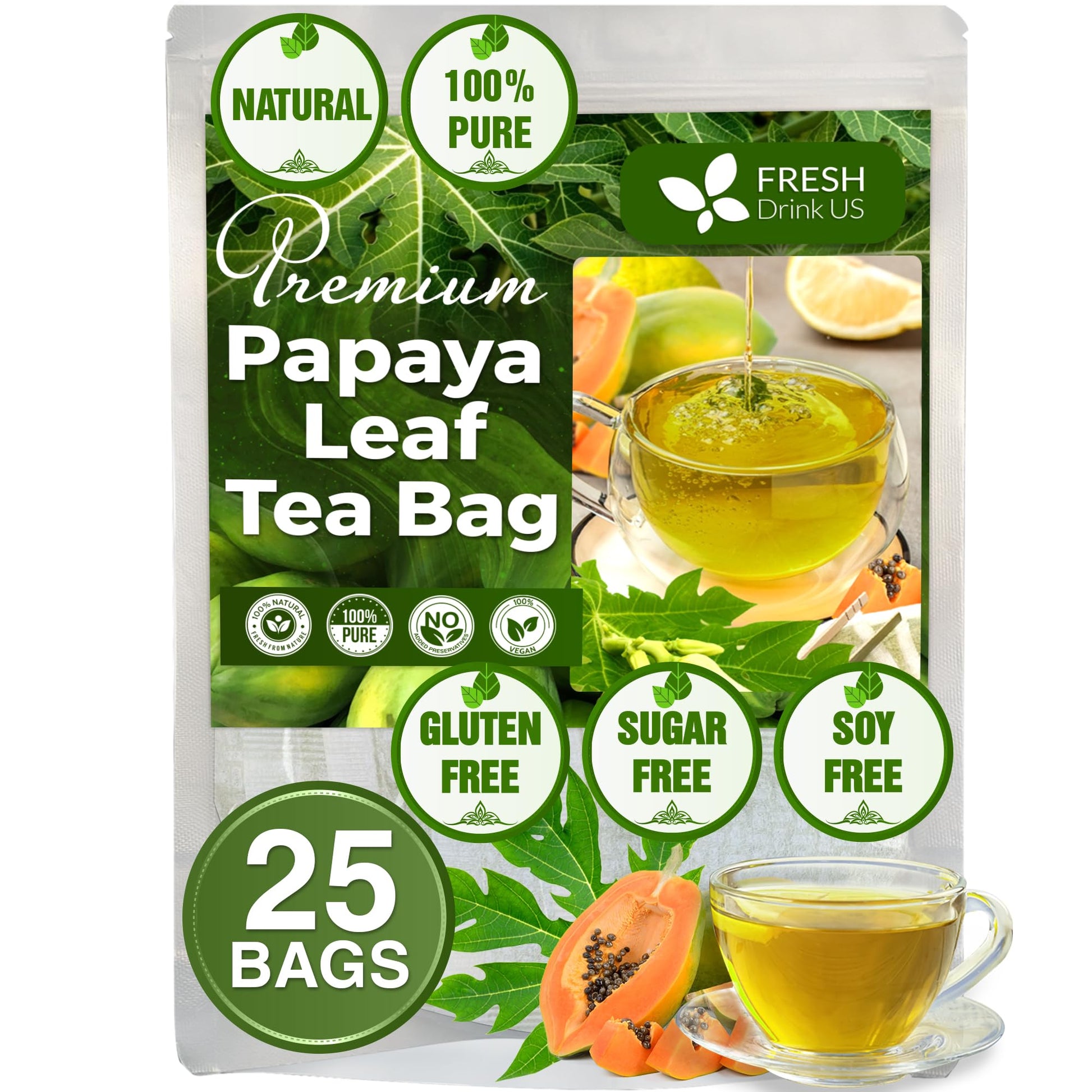 FRESHDRINKUS Papaya Leaf Tea Bags, 100% Natural Herbal Tea, 25 Bags, Vegan, No Sugar, No Caffeine, No Gluten