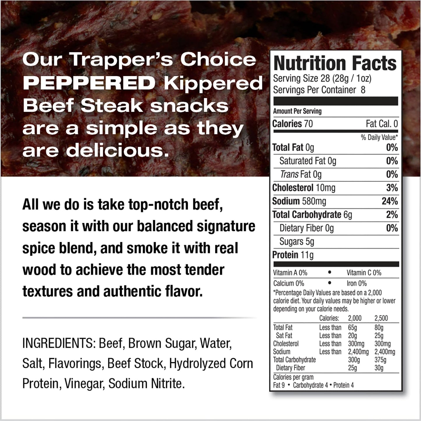 Old Trapper, Trappers Choice Peppered Kippered Steak, Eight-Ounce Individual Package, Spicy Meat Snacks, 11 Grams of Protein an