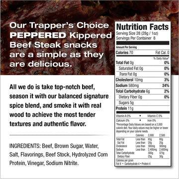 Old Trapper, Trappers Choice Peppered Kippered Steak, Eight-Ounce Individual Package, Spicy Meat Snacks, 11 Grams of Protein an