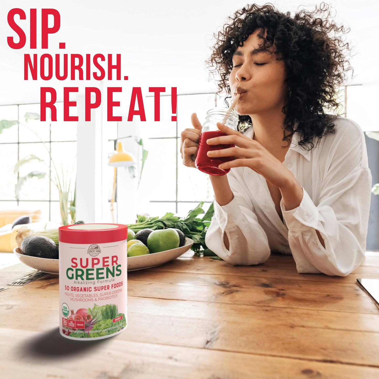 Country Farms Super Greens Drink Mix, Berry Flavor, 50 Organic Super Foods, 10.6 Ounce, USDA Organic, Red