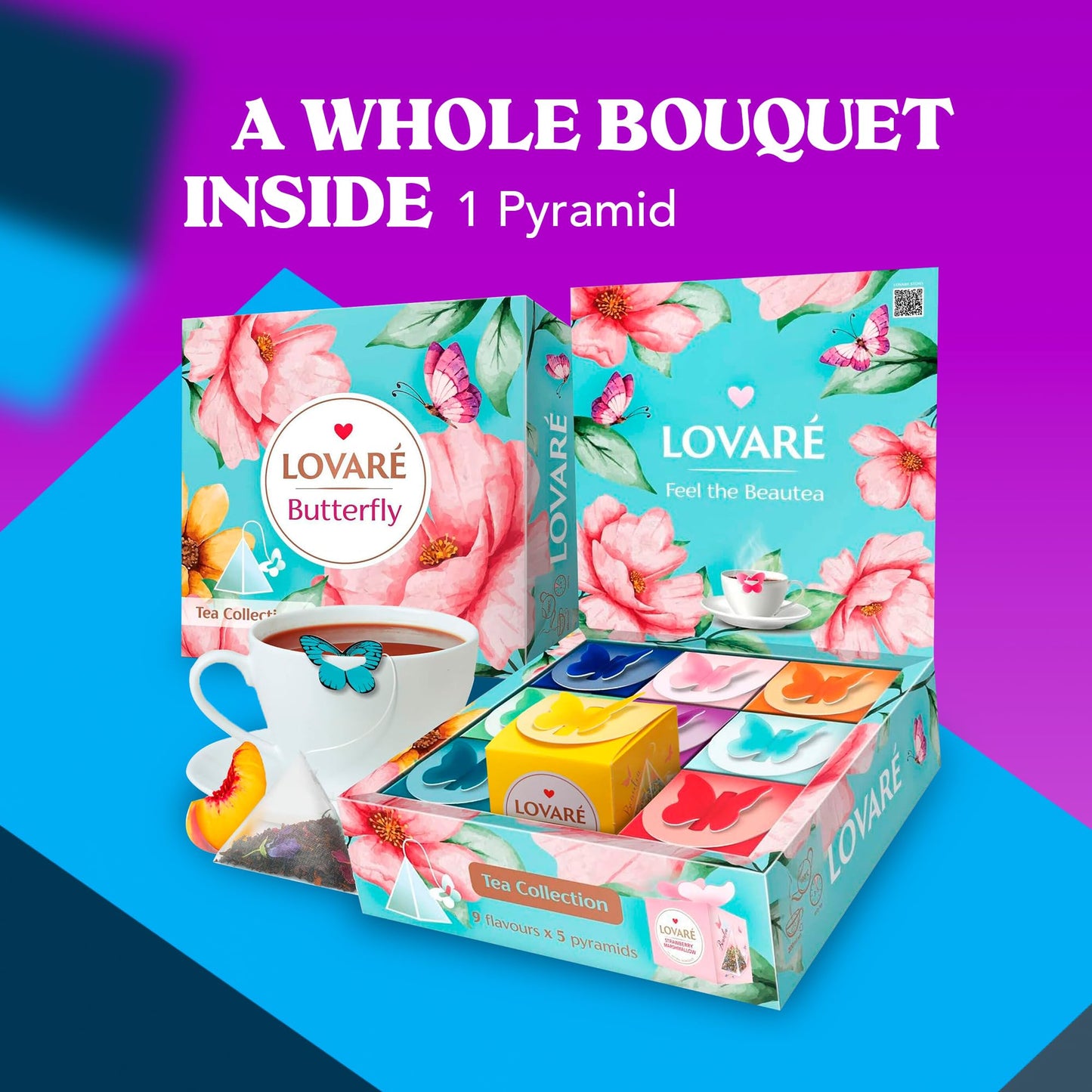 LOVARE Assorted Tea Pyramid Bags - 45 Pack - 9 Flavors - Black & Green Tea Sampler - Gift Box
